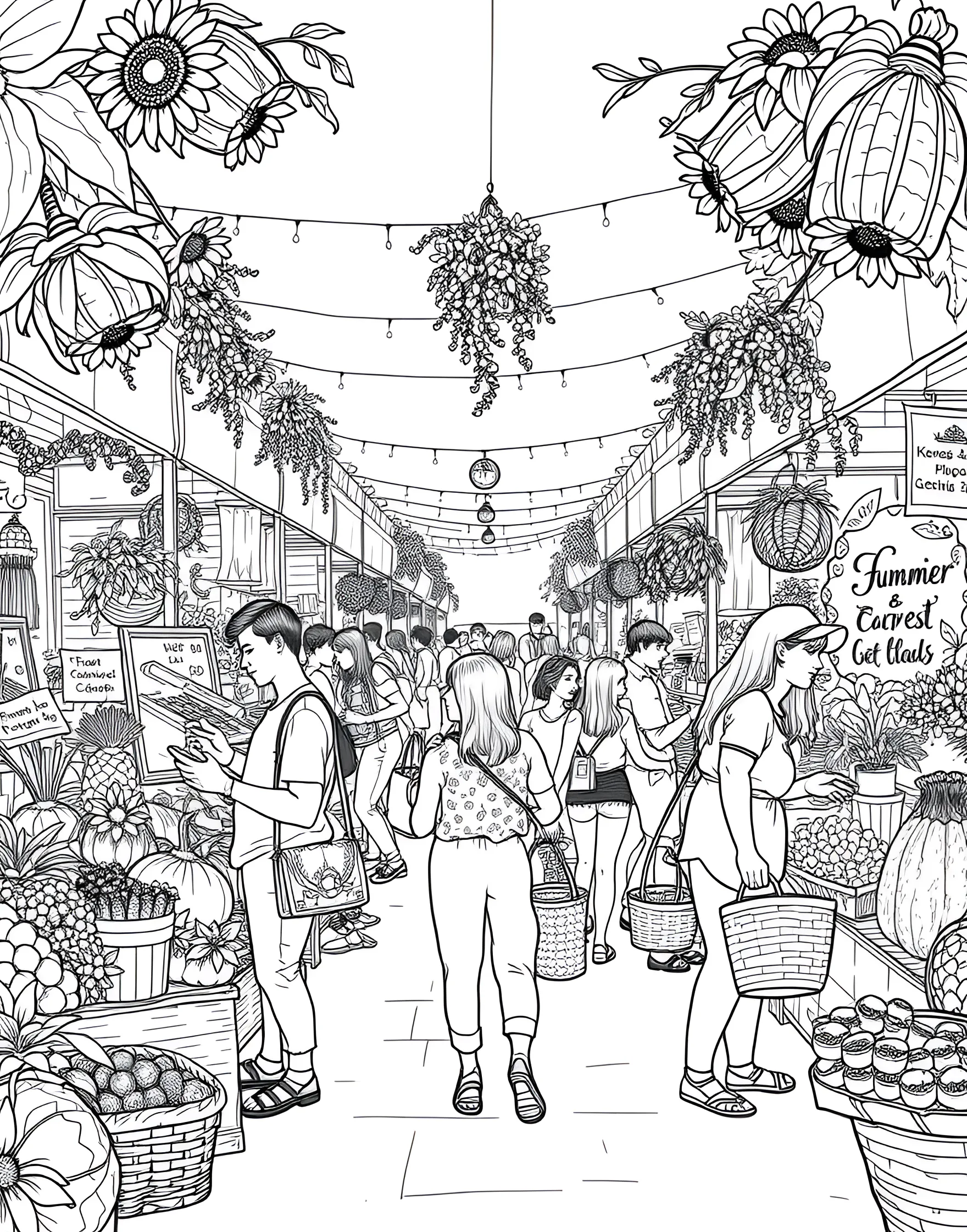 Summer Farmers' Market Coloring Page -- prompt: "A bustling outdoor farmers' market with stalls of fresh produce and shoppers." -- Savor the flavors of the season with this vibrant farmers' market scene. Stalls overflow with fresh produce, flowers, and homemade goods, while shoppers browse the offerings. This page highlights the abundance and community spirit of summer markets.