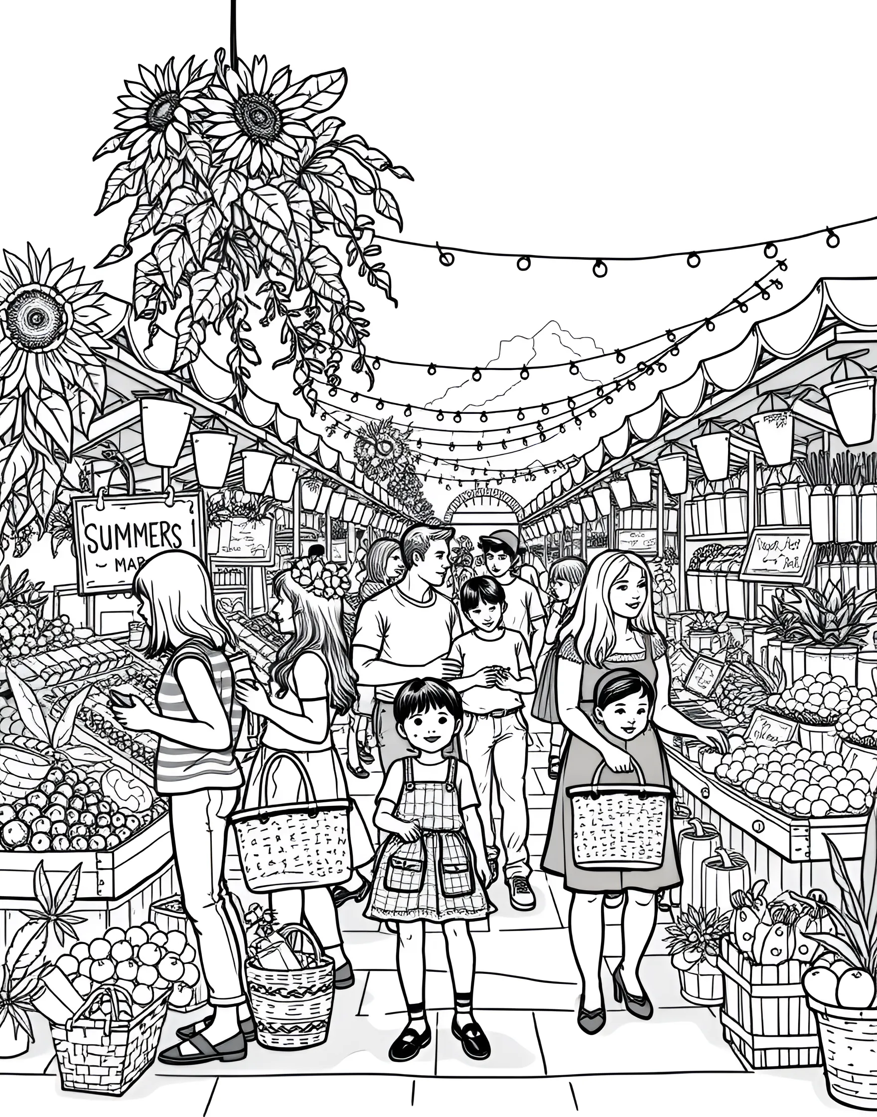 Summer Farmers' Market Coloring Page -- prompt: "A bustling outdoor farmers' market with stalls of fresh produce and shoppers." -- Savor the flavors of the season with this vibrant farmers' market scene. Stalls overflow with fresh produce, flowers, and homemade goods, while shoppers browse the offerings. This page highlights the abundance and community spirit of summer markets.