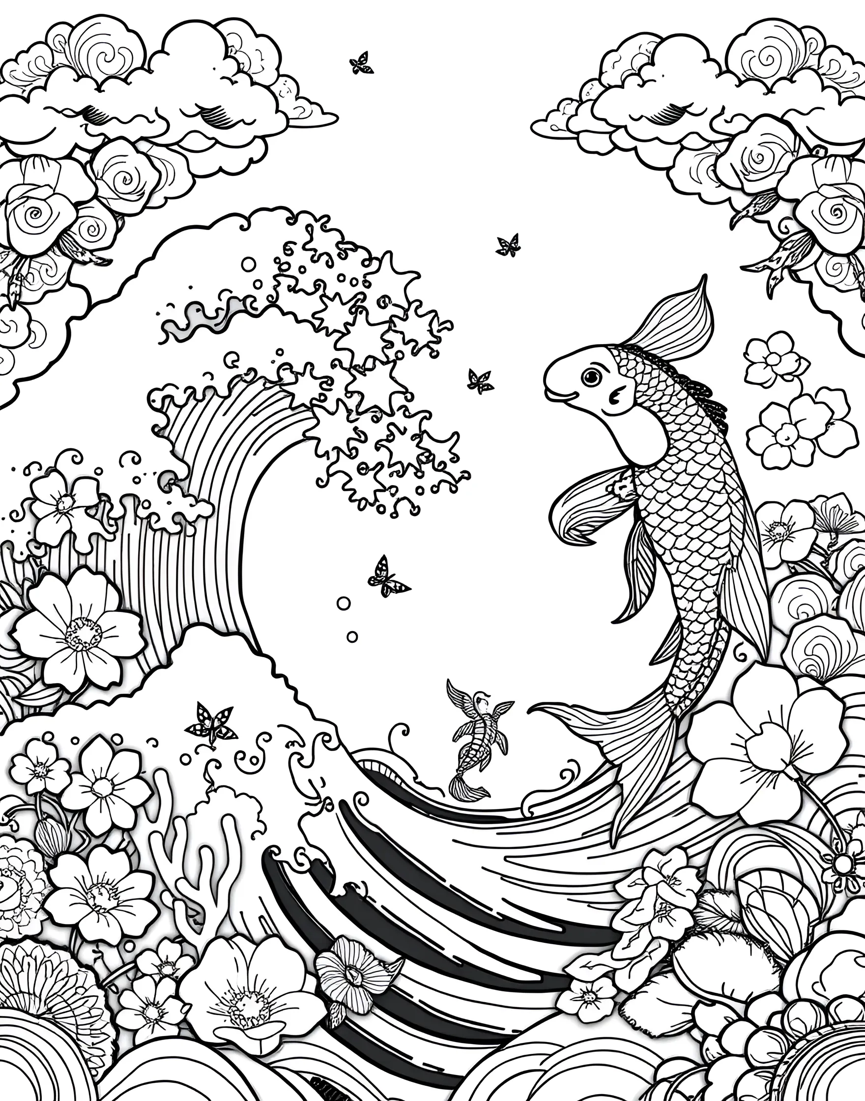 Intricate Ocean Waves Coloring Page -- prompt: "An intricate design featuring stylized ocean waves and marine life elements inspired by Japanese wave art, suitable for adult coloring." -- Ride the waves of creativity with this detailed ocean-inspired design. Swirling patterns reminiscent of Japanese wave art combine with marine life elements to create a dynamic and engaging coloring experience. The flowing lines and hidden details offer endless possibilities for color exploration.