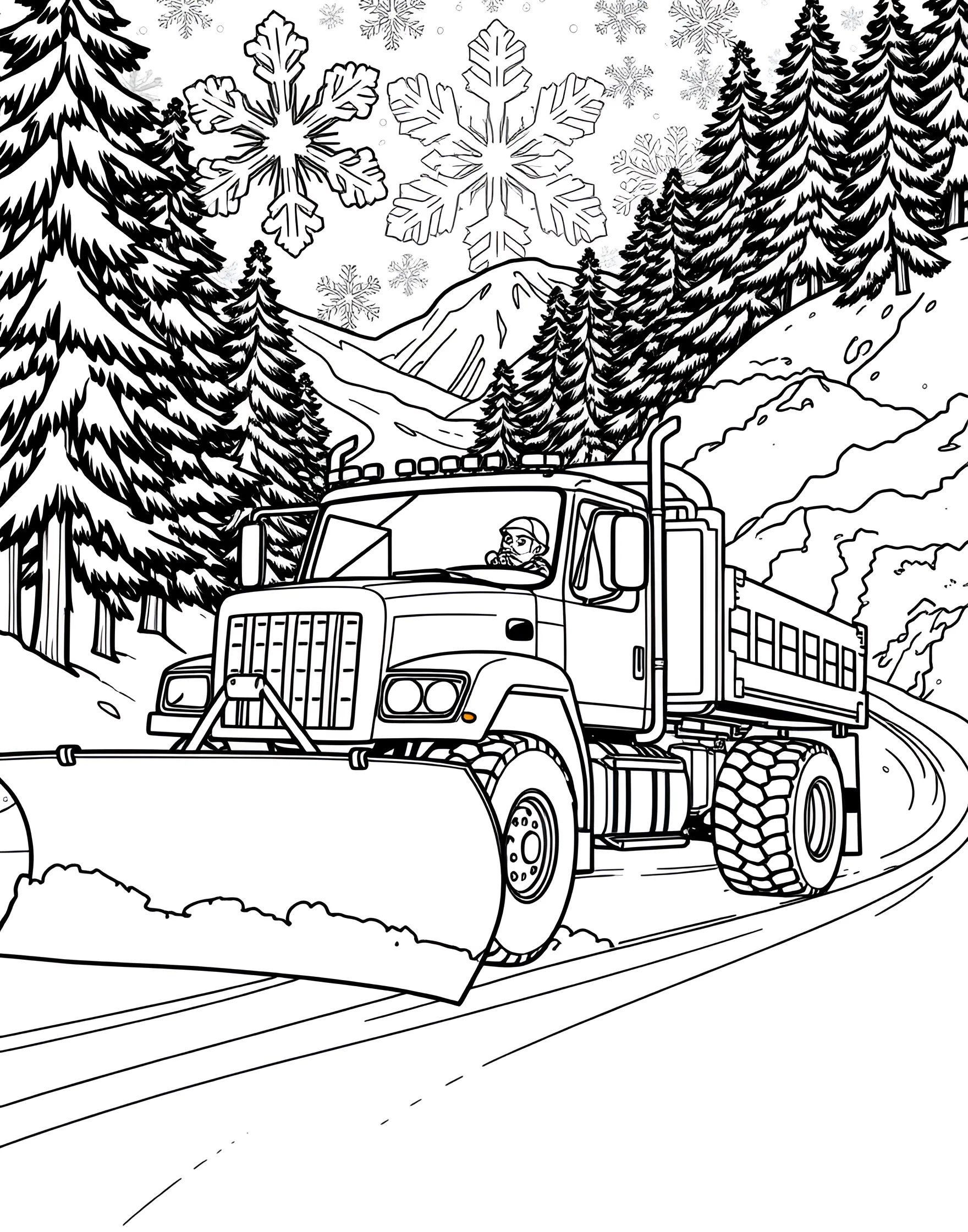 Snow Plow Clearing the Way Coloring Page -- prompt: "A snow plow truck clearing a snowy road during a winter storm." -- Winter won't stop us with this Snow Plow Clearing the Way coloring page! The sturdy plow truck is shown pushing through deep snow, keeping the roads safe for everyone. This page provides a great opportunity to discuss winter safety and the important jobs that keep our communities running in all weather conditions.