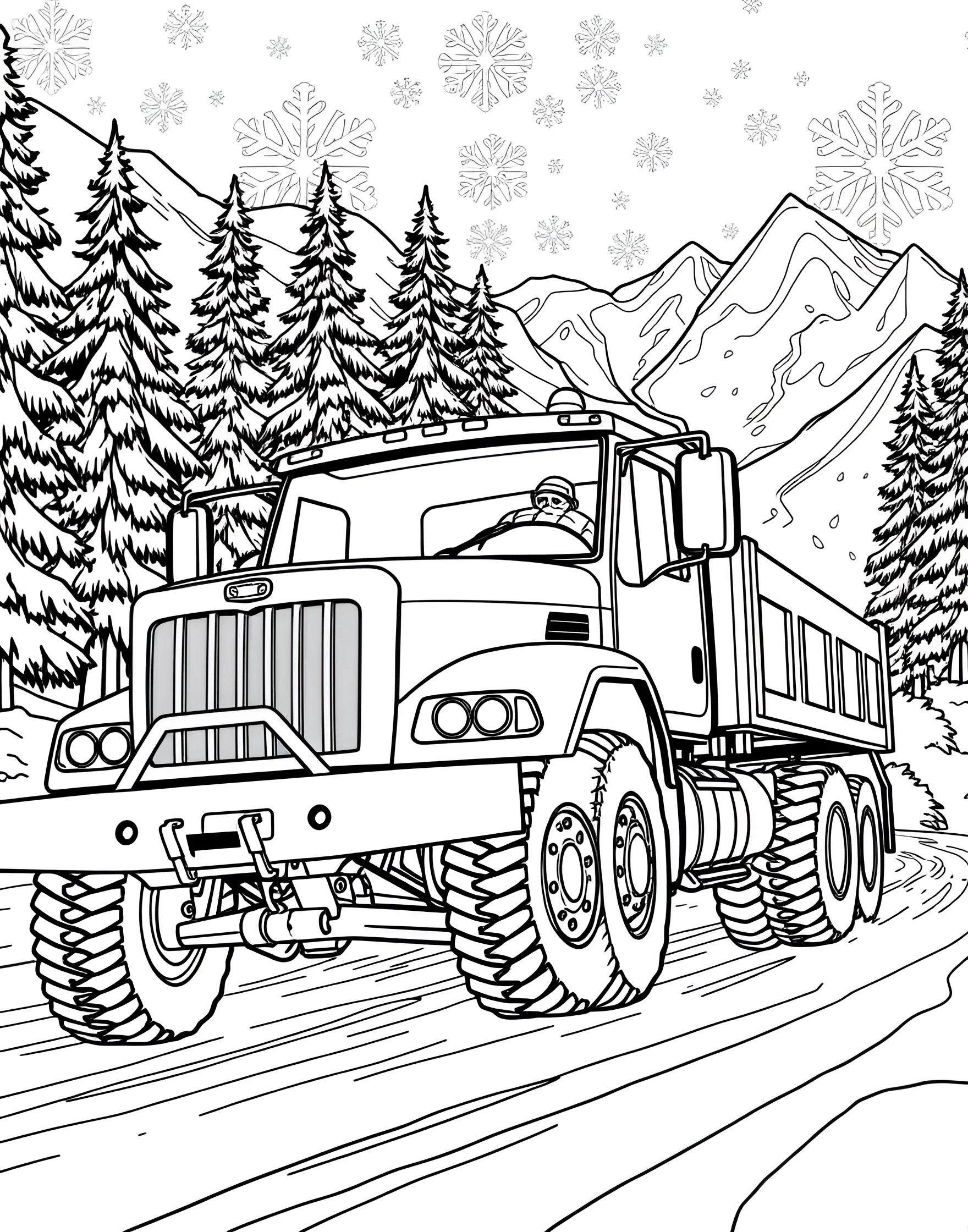 Snow Plow Clearing the Way Coloring Page -- prompt: "A snow plow truck clearing a snowy road during a winter storm." -- Winter won't stop us with this Snow Plow Clearing the Way coloring page! The sturdy plow truck is shown pushing through deep snow, keeping the roads safe for everyone. This page provides a great opportunity to discuss winter safety and the important jobs that keep our communities running in all weather conditions.