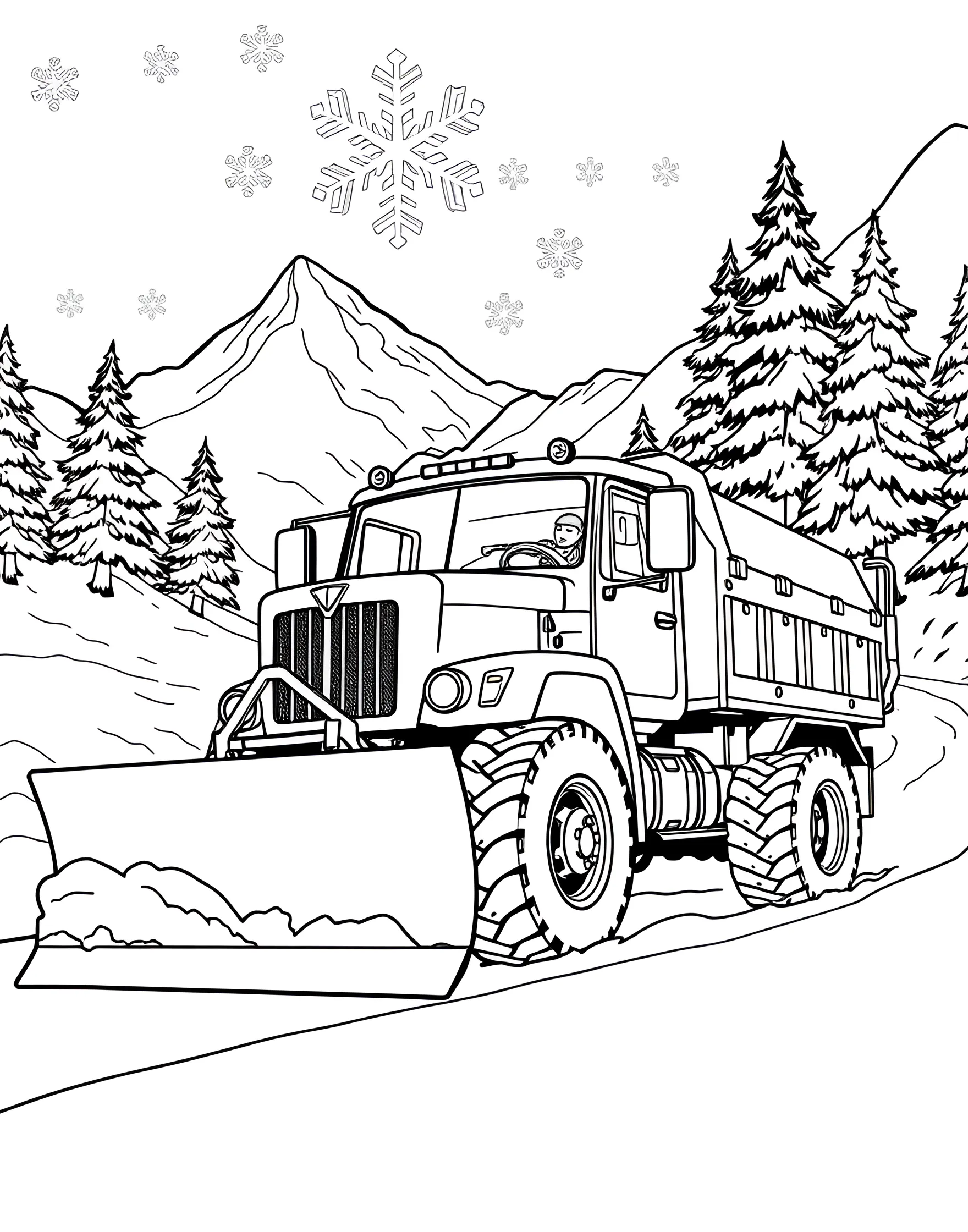 Snow Plow Clearing the Way Coloring Page -- prompt: "A snow plow truck clearing a snowy road during a winter storm." -- Winter won't stop us with this Snow Plow Clearing the Way coloring page! The sturdy plow truck is shown pushing through deep snow, keeping the roads safe for everyone. This page provides a great opportunity to discuss winter safety and the important jobs that keep our communities running in all weather conditions.