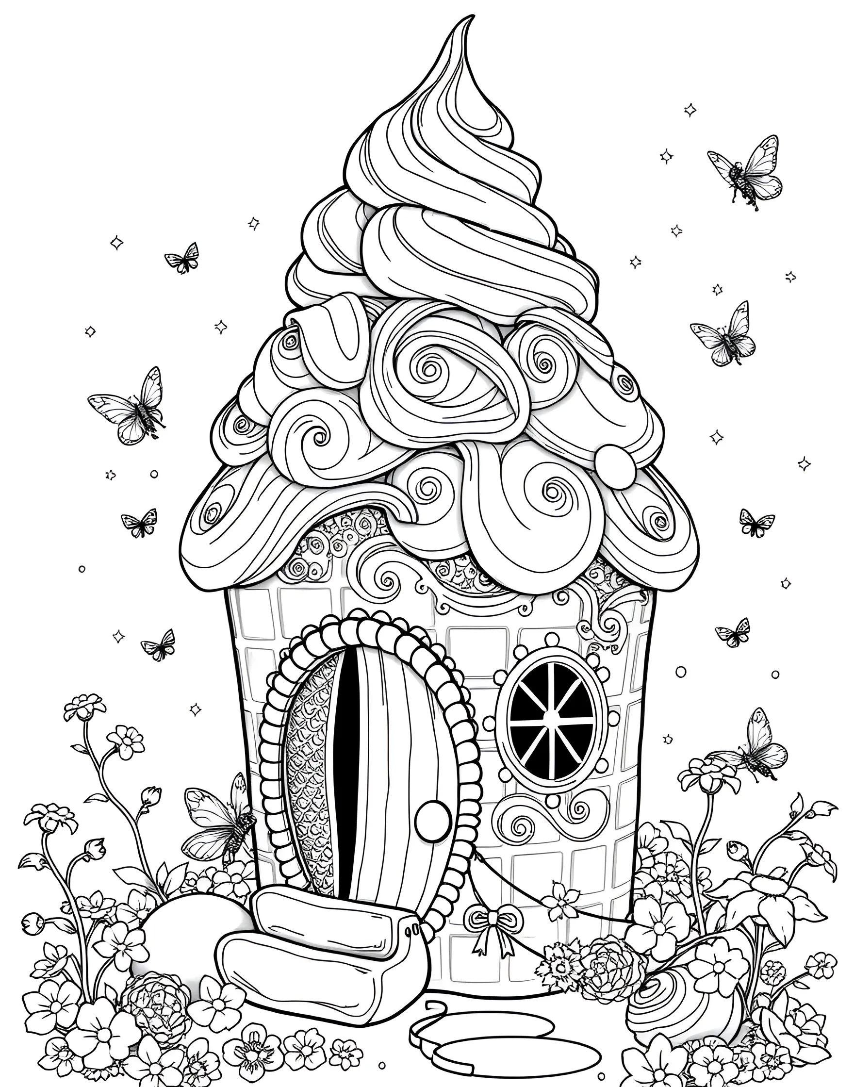 Ice Cream Cone Fairy House Coloring Page -- prompt: "A fairy house made from a large ice cream cone with scoops forming the roof, surrounded by tiny fairies." -- Step into a world of tiny magic with this ice cream cone fairy house. A waffle cone forms the structure, while scoops of ice cream create whimsical roof tiers. Miniature fairy residents flit about their sweet abode. This enchanting page is perfect for those who love adding delicate details and pastel hues.