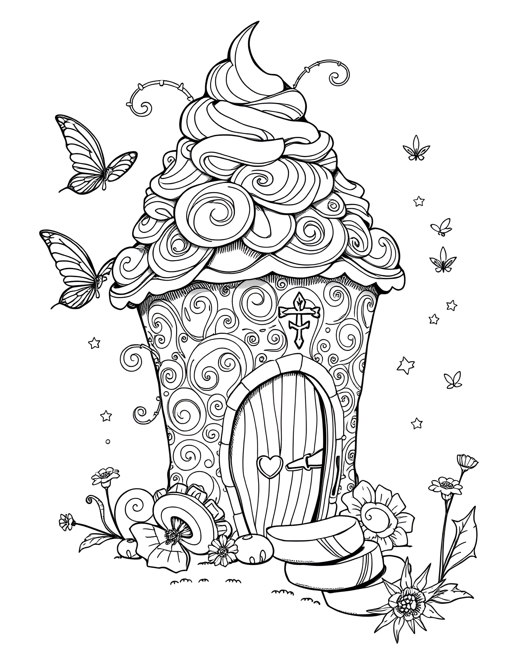 Ice Cream Cone Fairy House Coloring Page -- prompt: "A fairy house made from a large ice cream cone with scoops forming the roof, surrounded by tiny fairies." -- Step into a world of tiny magic with this ice cream cone fairy house. A waffle cone forms the structure, while scoops of ice cream create whimsical roof tiers. Miniature fairy residents flit about their sweet abode. This enchanting page is perfect for those who love adding delicate details and pastel hues.