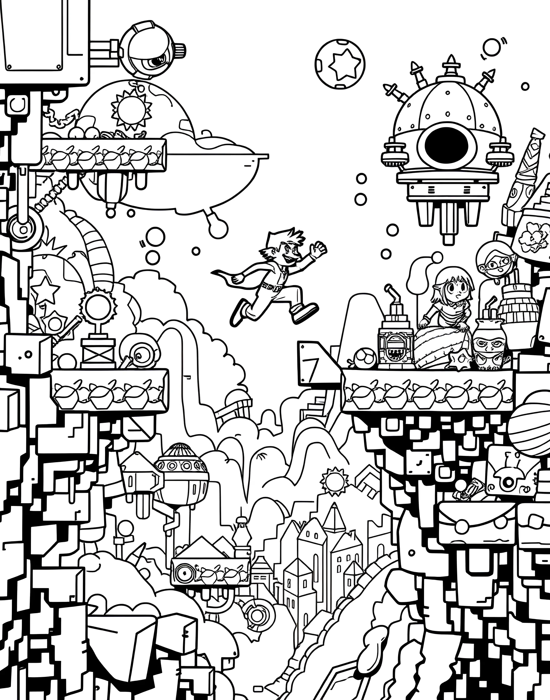 Video Game Hero Coloring Page -- prompt: "A pixelated video game character jumping through a side-scrolling game world with platforms and power-ups." -- Level up the fun with this video game hero coloring page. A pixelated character jumps through a classic side-scrolling game landscape, ready for adventure. This page combines nostalgia for classic games with modern coloring fun, perfect for boys who love gaming.