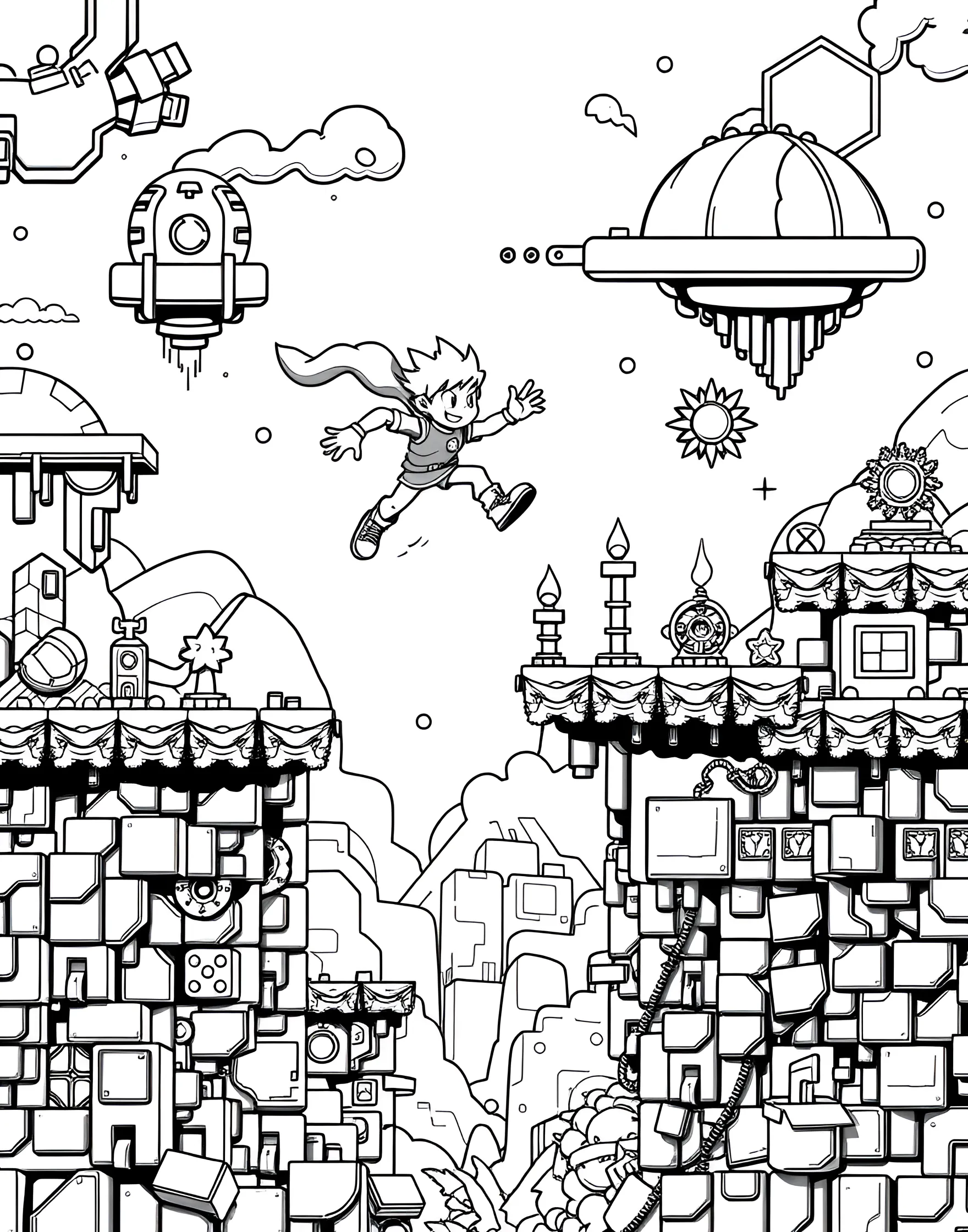 Video Game Hero Coloring Page -- prompt: "A pixelated video game character jumping through a side-scrolling game world with platforms and power-ups." -- Level up the fun with this video game hero coloring page. A pixelated character jumps through a classic side-scrolling game landscape, ready for adventure. This page combines nostalgia for classic games with modern coloring fun, perfect for boys who love gaming.