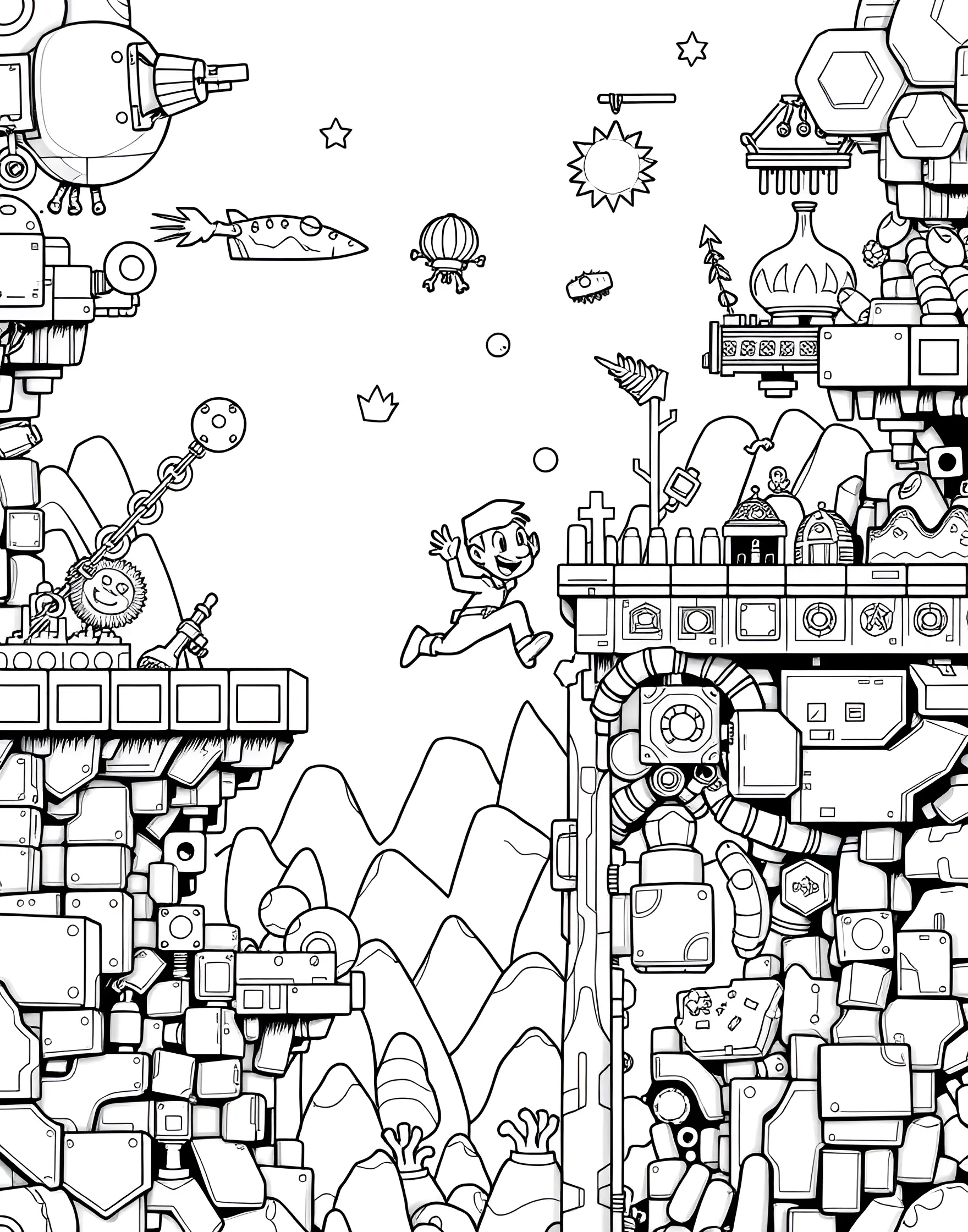 Video Game Hero Coloring Page -- prompt: "A pixelated video game character jumping through a side-scrolling game world with platforms and power-ups." -- Level up the fun with this video game hero coloring page. A pixelated character jumps through a classic side-scrolling game landscape, ready for adventure. This page combines nostalgia for classic games with modern coloring fun, perfect for boys who love gaming.