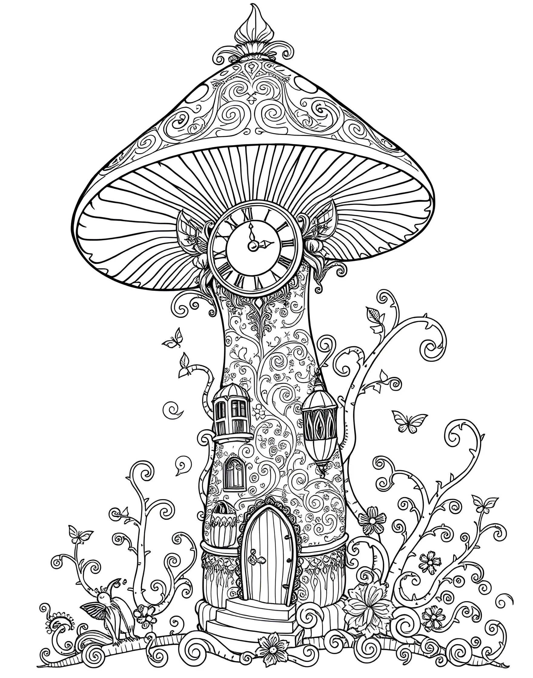 Mushroom Clock Tower Coloring Page -- prompt: "A tall mushroom transformed into an ornate clock tower with a large clock face and decorative elements." -- Tell time in style with this fantastical mushroom clock tower coloring page. A tall mushroom is transformed into an ornate clock tower, complete with intricate details and a working clock face. This page is perfect for those who appreciate architectural designs with a whimsical twist.