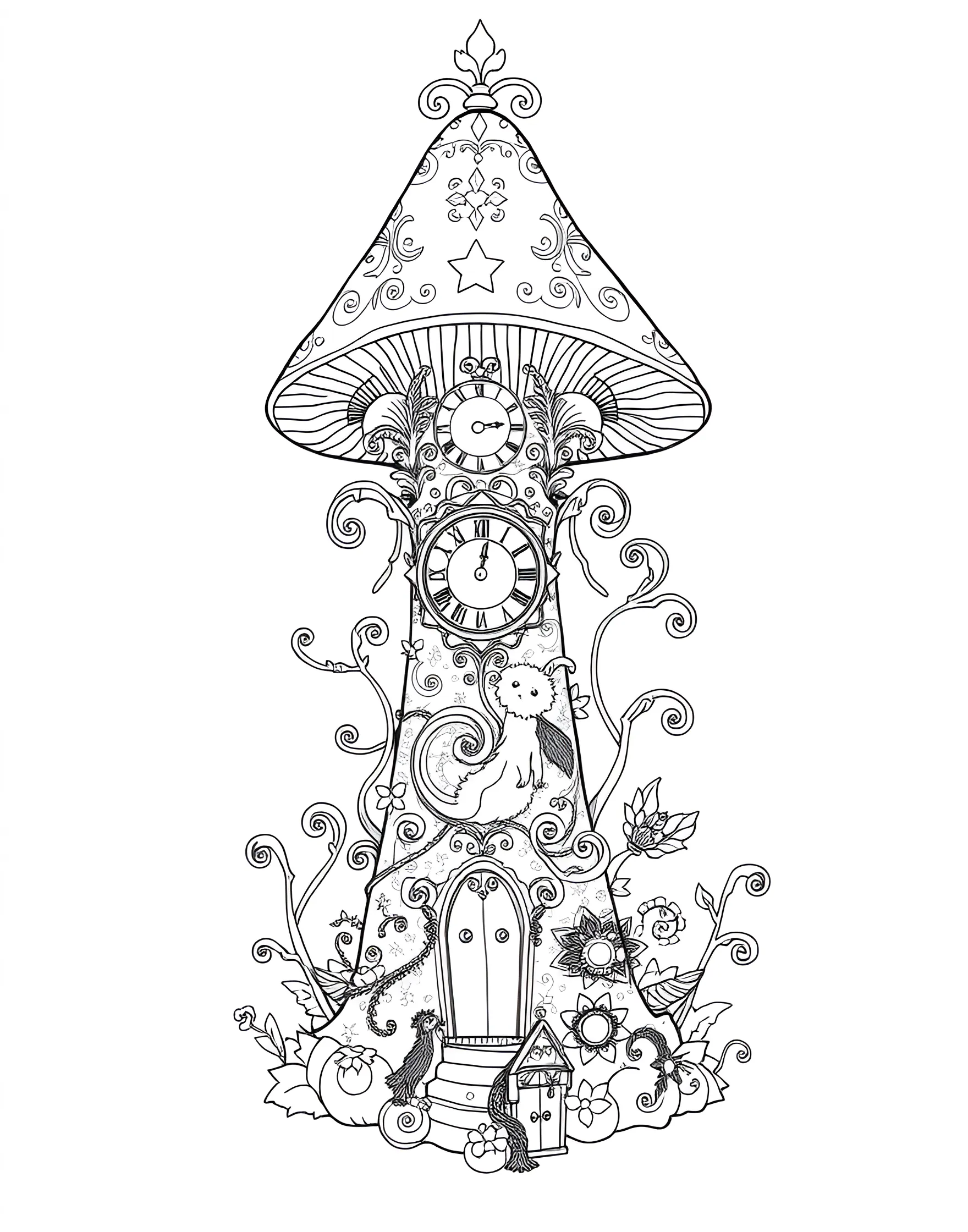 Mushroom Clock Tower Coloring Page -- prompt: "A tall mushroom transformed into an ornate clock tower with a large clock face and decorative elements." -- Tell time in style with this fantastical mushroom clock tower coloring page. A tall mushroom is transformed into an ornate clock tower, complete with intricate details and a working clock face. This page is perfect for those who appreciate architectural designs with a whimsical twist.