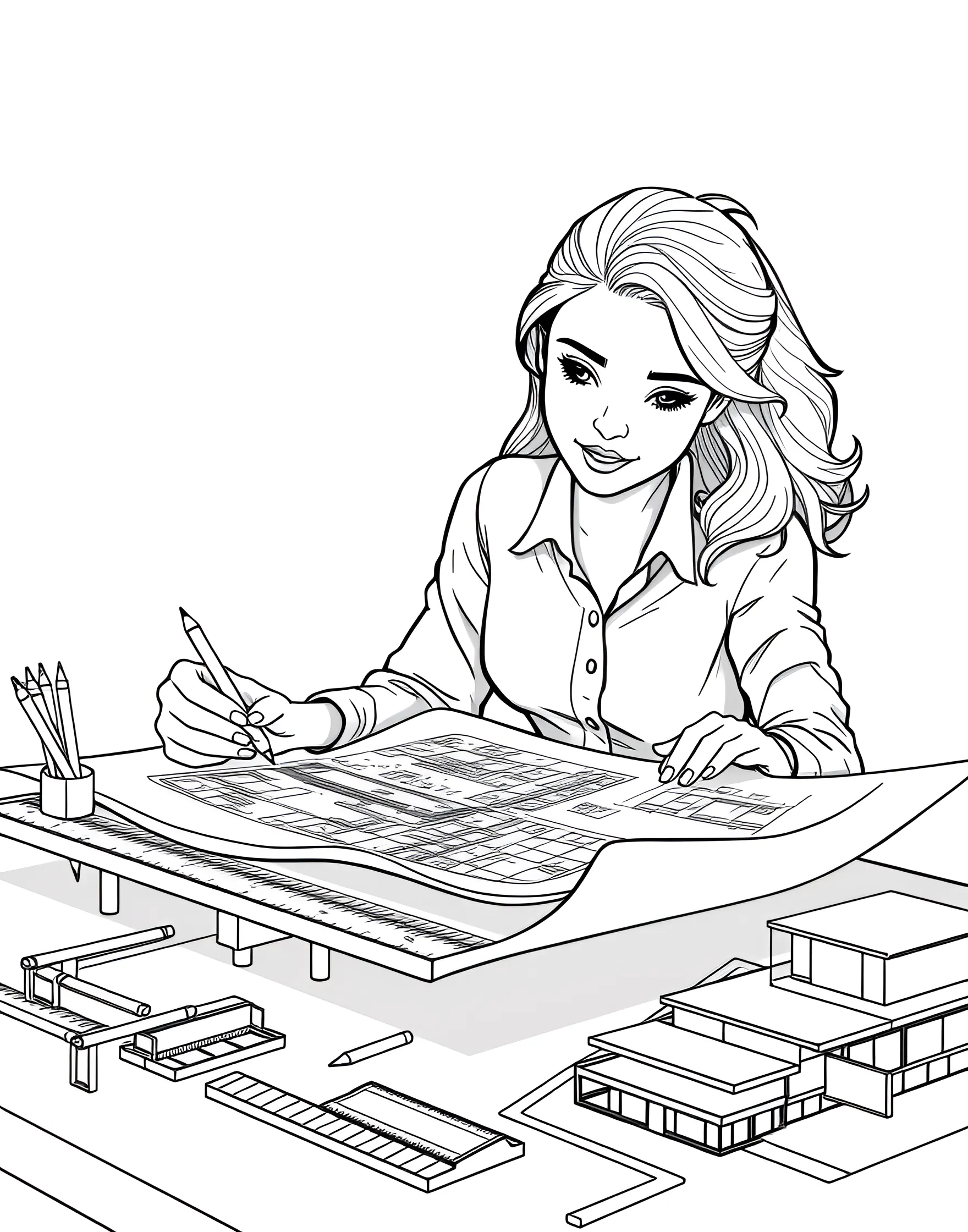 Girl Architect Designing a Building Coloring Page -- prompt: "A girl architect working at a drafting table with blueprints and a model building." -- This coloring page showcases a girl architect hard at work on her latest design. She's at a drafting table, surrounded by blueprints and a model of her building. It's perfect for those interested in design, construction, and creating spaces.