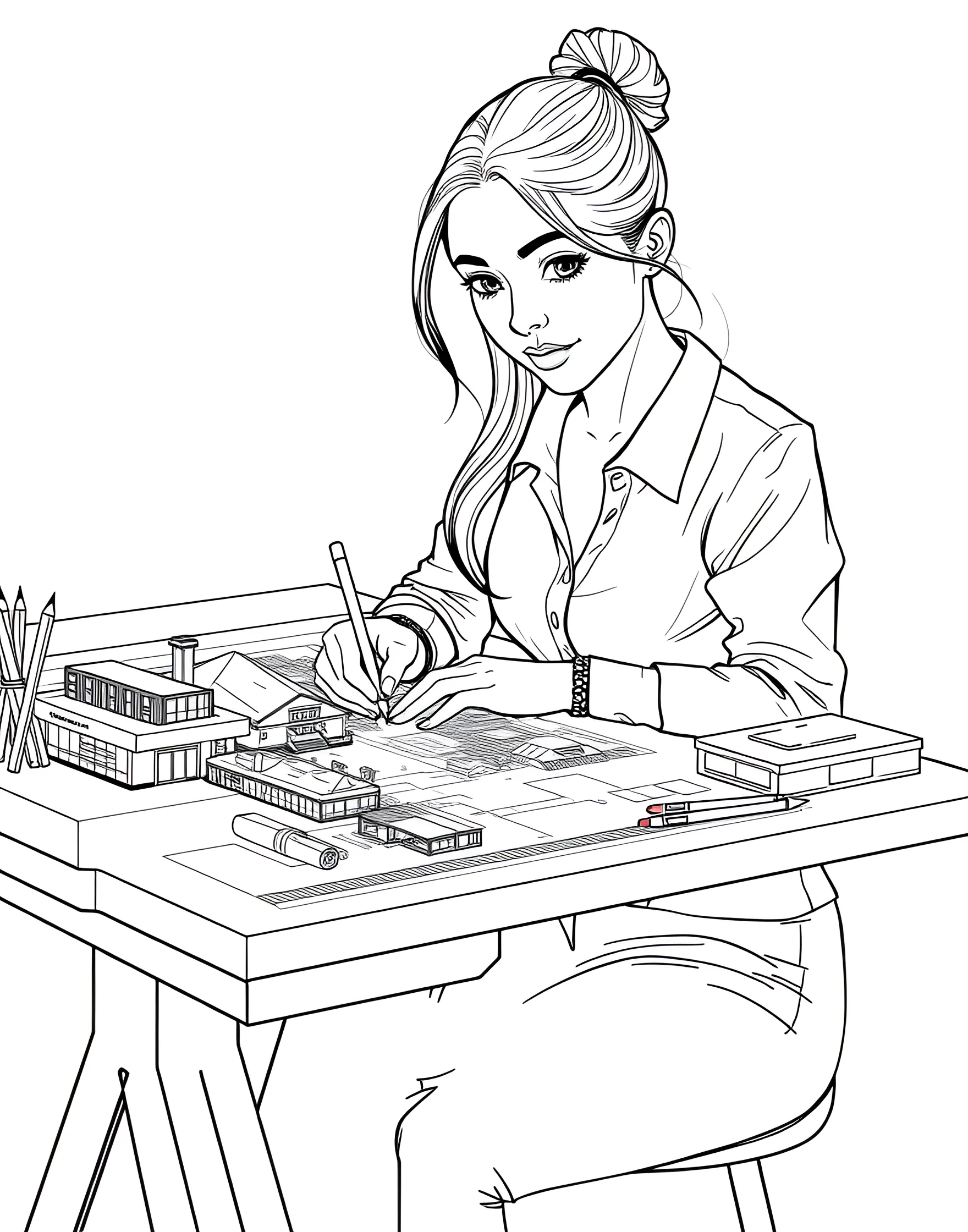 Girl Architect Designing a Building Coloring Page -- prompt: "A girl architect working at a drafting table with blueprints and a model building." -- This coloring page showcases a girl architect hard at work on her latest design. She's at a drafting table, surrounded by blueprints and a model of her building. It's perfect for those interested in design, construction, and creating spaces.