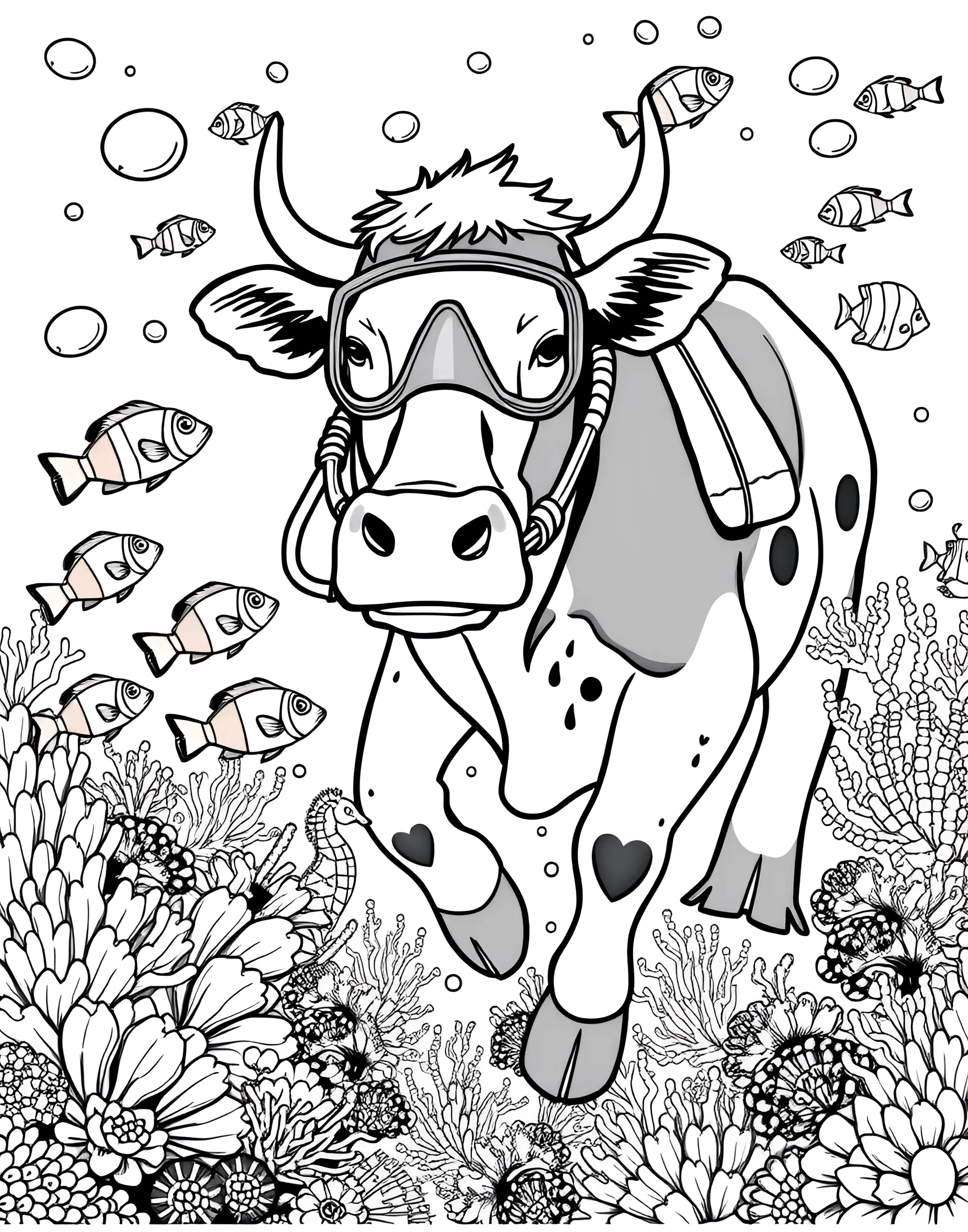 Cow Scuba Diver Exploring the Ocean Coloring Page -- prompt: "A cow wearing scuba gear swimming among colorful fish and coral in the ocean." -- Dive into adventure with this exciting cow scuba diver coloring page. The scene shows a cow in full scuba gear exploring a vibrant coral reef teeming with sea life. This page offers a unique underwater world to color and discover.