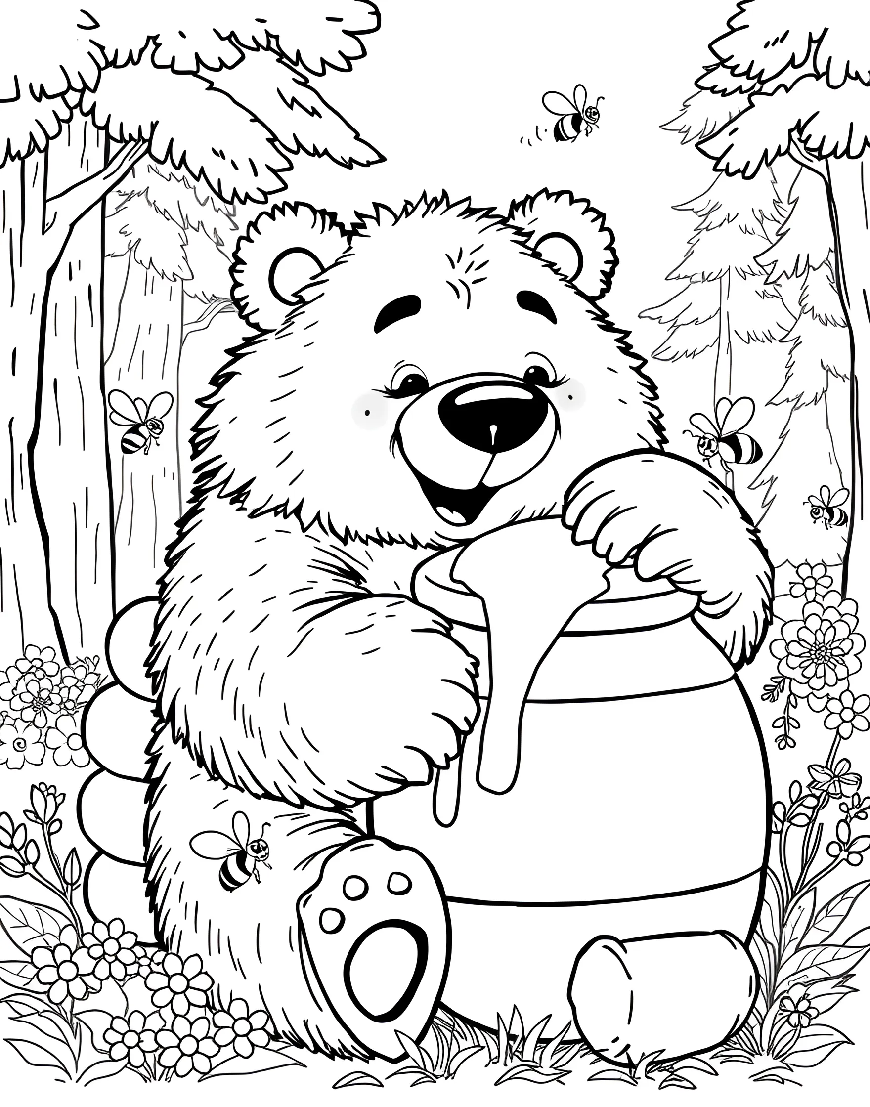 Cuddly Bear Hugging a Honeypot Coloring Page -- prompt: "A cartoon bear with fuzzy fur hugging a large pot of honey, with bees and a beehive nearby in a forest clearing." -- This endearing coloring page depicts a fluffy bear embracing a pot overflowing with honey. The bear's round belly and contented expression show its love for the sweet treat. Children will enjoy adding warm, cozy colors to this heartwarming scene.