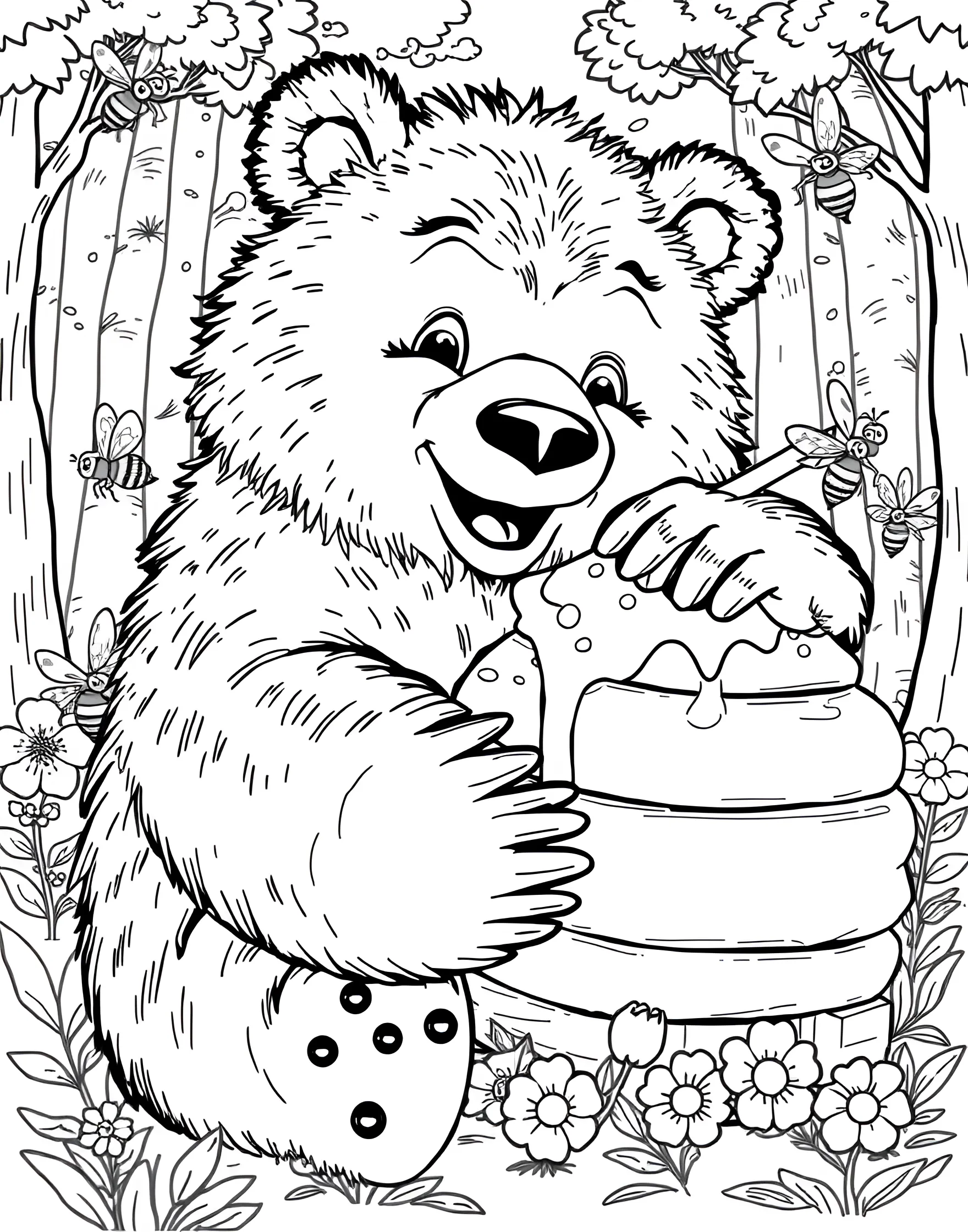 Cuddly Bear Hugging a Honeypot Coloring Page -- prompt: "A cartoon bear with fuzzy fur hugging a large pot of honey, with bees and a beehive nearby in a forest clearing." -- This endearing coloring page depicts a fluffy bear embracing a pot overflowing with honey. The bear's round belly and contented expression show its love for the sweet treat. Children will enjoy adding warm, cozy colors to this heartwarming scene.