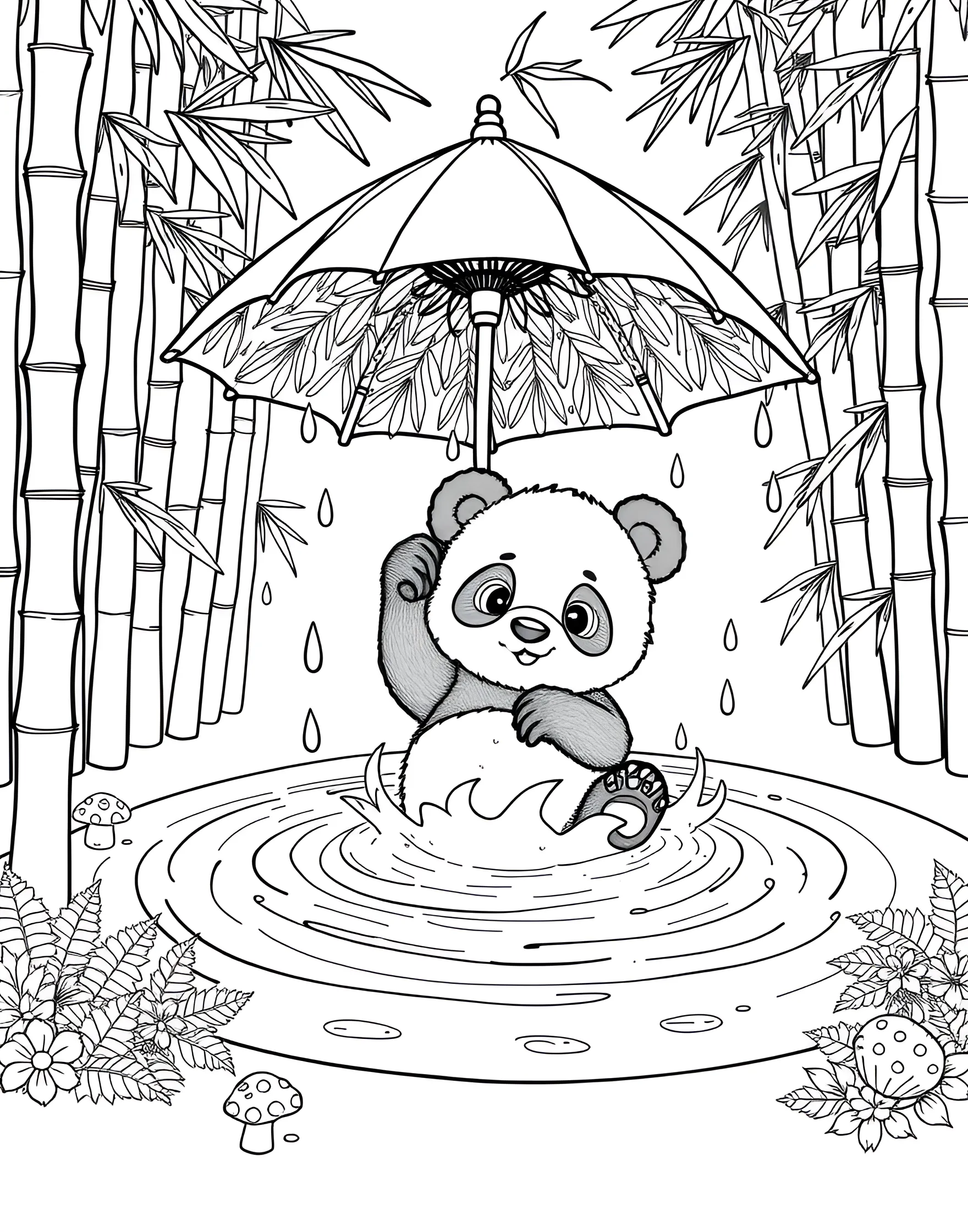 Panda's Rainy Day Adventure Coloring Page -- prompt: "A panda splashing in a puddle with a leaf umbrella during a rainy day in a bamboo forest." -- Embrace the joy of rainy days with this charming panda coloring page. A happy panda is illustrated splashing in a puddle, holding a small leaf umbrella. Raindrops, rippling water, and nearby bamboo plants create a lively and refreshing scene perfect for adding a splash of color.