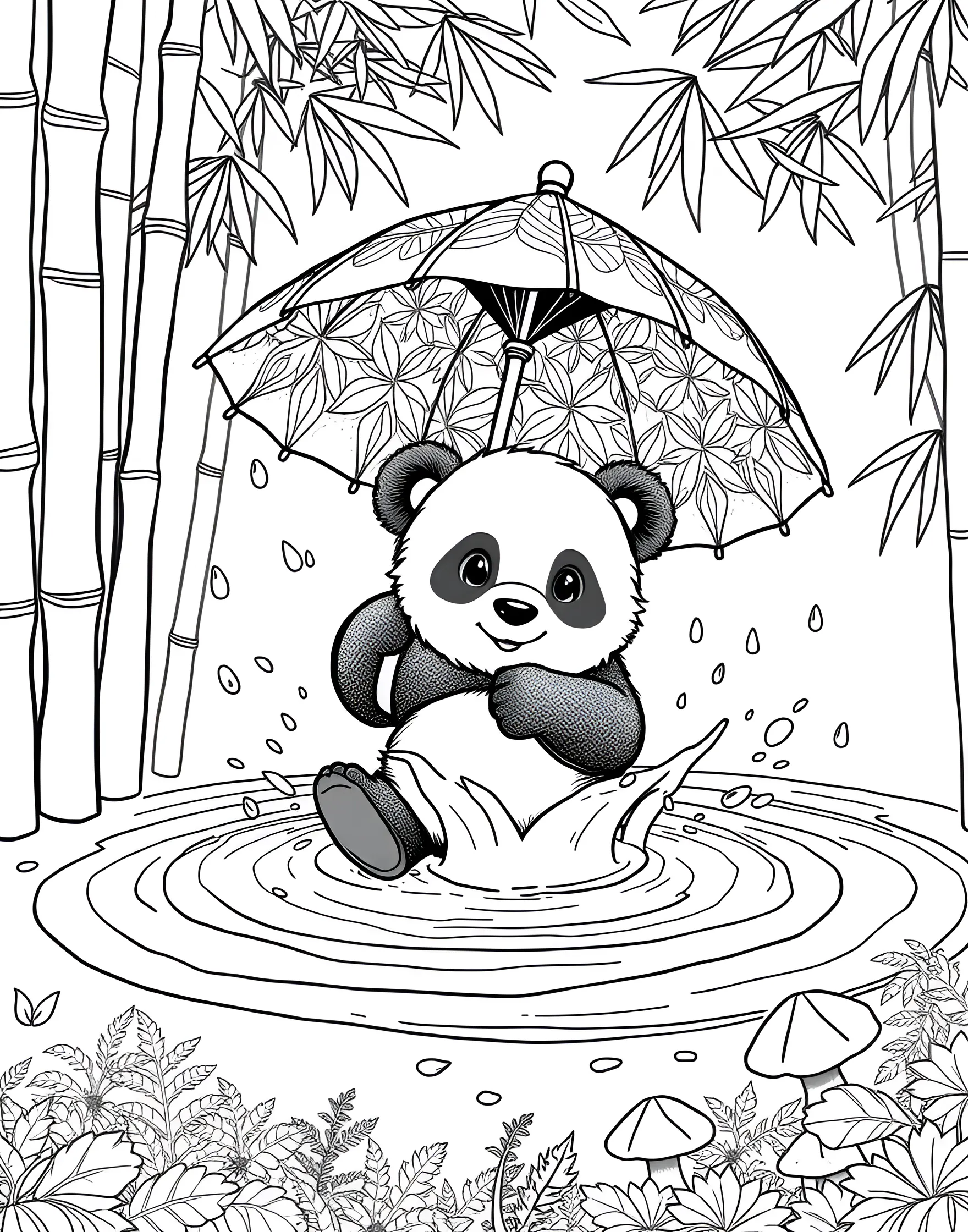 Panda's Rainy Day Adventure Coloring Page -- prompt: "A panda splashing in a puddle with a leaf umbrella during a rainy day in a bamboo forest." -- Embrace the joy of rainy days with this charming panda coloring page. A happy panda is illustrated splashing in a puddle, holding a small leaf umbrella. Raindrops, rippling water, and nearby bamboo plants create a lively and refreshing scene perfect for adding a splash of color.