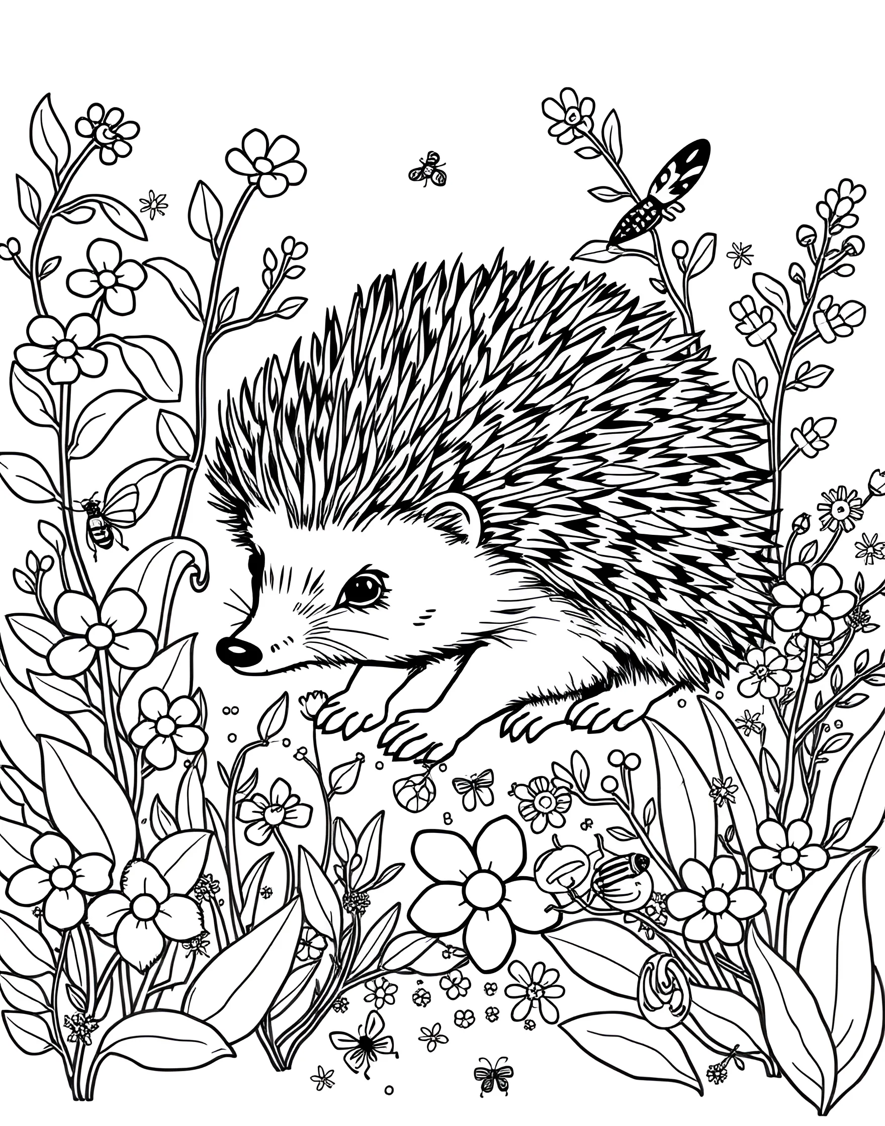 Charming Hedgehog's Garden Adventure Coloring Page -- prompt: "A hedgehog exploring a garden with flowers, leaves, and small insects around it." -- Explore the hidden world of hedgehogs with this delightful coloring page. The scene shows a cute hedgehog navigating through a garden filled with flowers, leaves, and insects. This page offers a chance to learn about nocturnal animals and garden ecosystems.