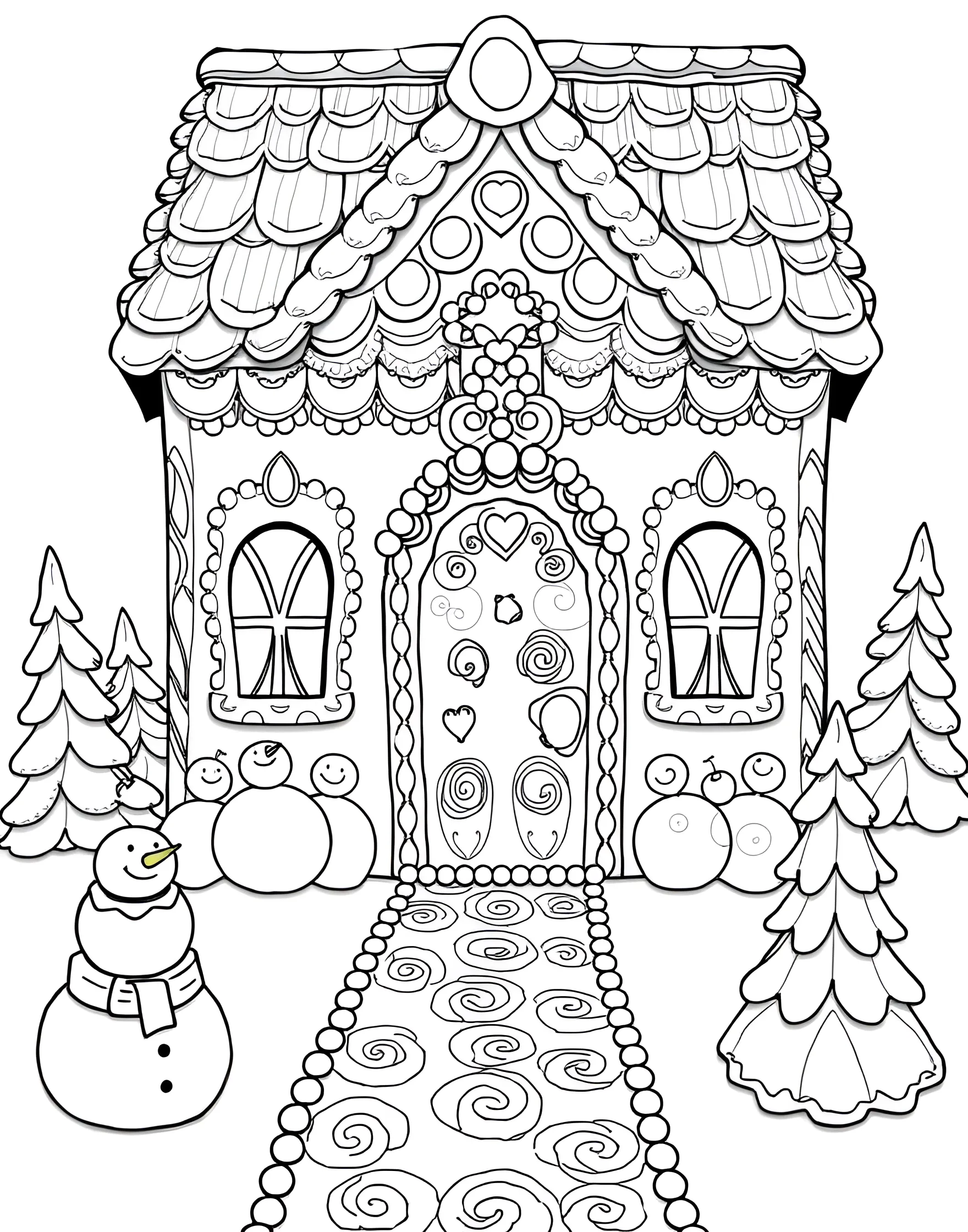 Gingerbread House Fantasy Coloring Page -- prompt: "A detailed gingerbread house decorated with various candies, icing, and surrounded by a candy landscape." -- Let your imagination run wild with this gingerbread house coloring page. The intricately decorated house is adorned with candy canes, gumdrops, and icing details. It's perfect for holiday-themed coloring or anytime you want to create a sweet masterpiece.