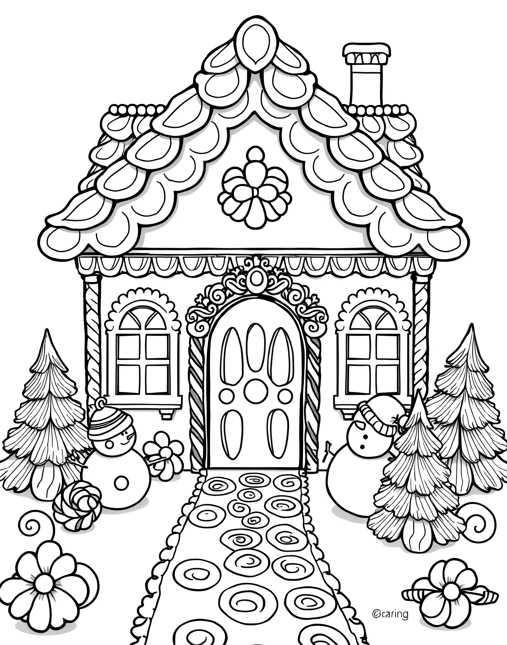 Gingerbread House Fantasy Coloring Page -- prompt: "A detailed gingerbread house decorated with various candies, icing, and surrounded by a candy landscape." -- Let your imagination run wild with this gingerbread house coloring page. The intricately decorated house is adorned with candy canes, gumdrops, and icing details. It's perfect for holiday-themed coloring or anytime you want to create a sweet masterpiece.