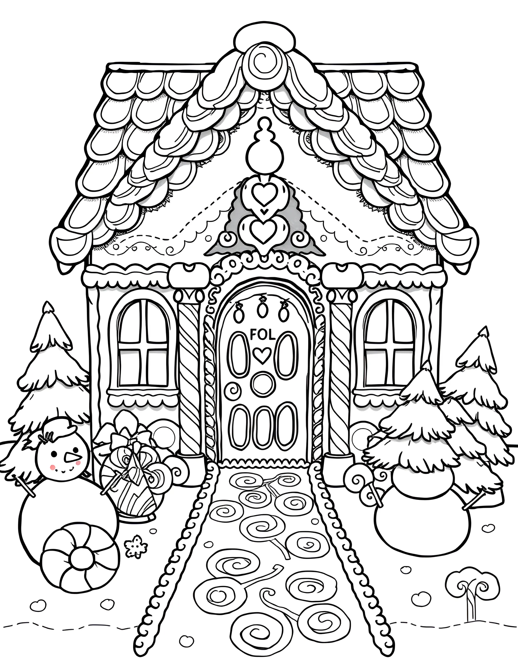 Gingerbread House Fantasy Coloring Page -- prompt: "A detailed gingerbread house decorated with various candies, icing, and surrounded by a candy landscape." -- Let your imagination run wild with this gingerbread house coloring page. The intricately decorated house is adorned with candy canes, gumdrops, and icing details. It's perfect for holiday-themed coloring or anytime you want to create a sweet masterpiece.