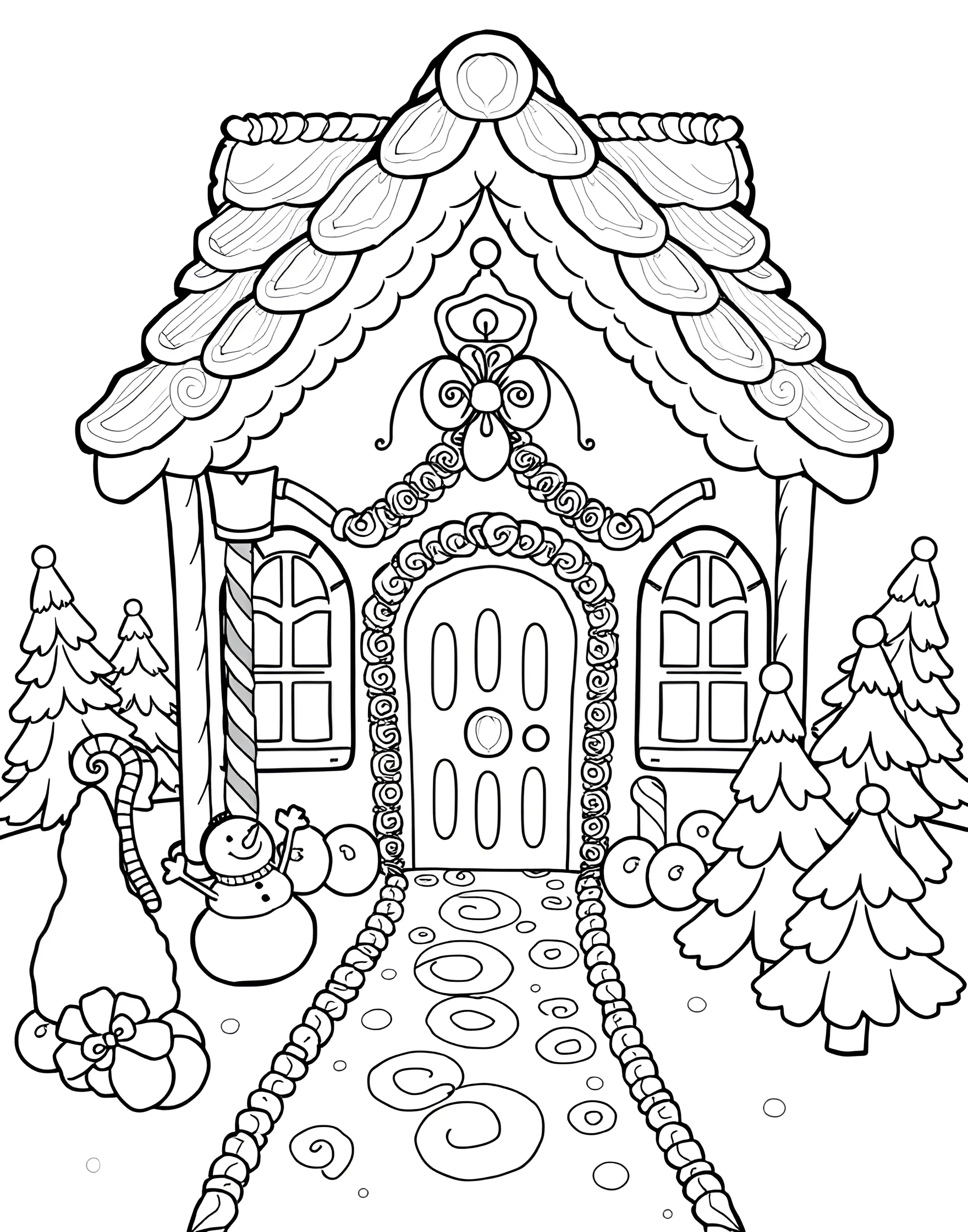 Gingerbread House Fantasy Coloring Page -- prompt: "A detailed gingerbread house decorated with various candies, icing, and surrounded by a candy landscape." -- Let your imagination run wild with this gingerbread house coloring page. The intricately decorated house is adorned with candy canes, gumdrops, and icing details. It's perfect for holiday-themed coloring or anytime you want to create a sweet masterpiece.