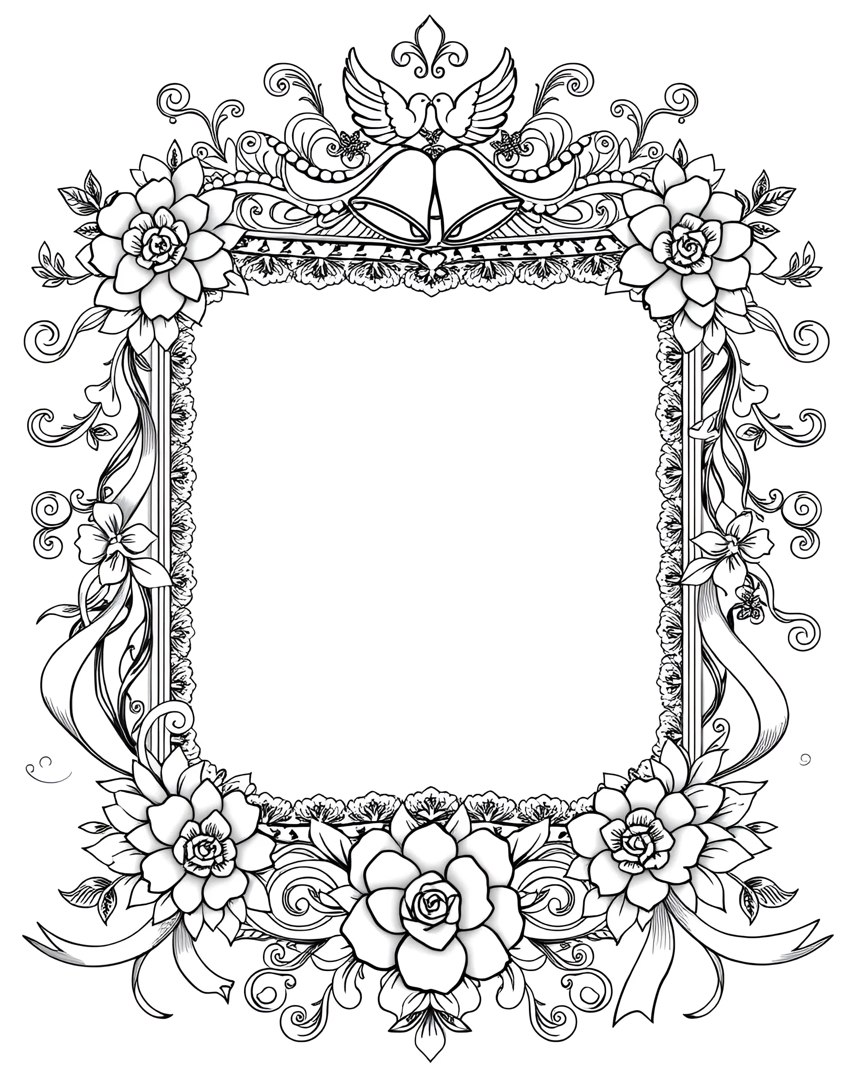 Wedding Photo Booth Frame Coloring Page -- prompt: "A decorative wedding-themed photo booth frame with space for drawing or adding a photo." -- Get creative with this fun wedding photo booth frame coloring page. The ornate frame is decorated with wedding motifs like rings, hearts, and flowers. Inside the frame, there's space to draw your own silly photo booth scene or add your own picture.