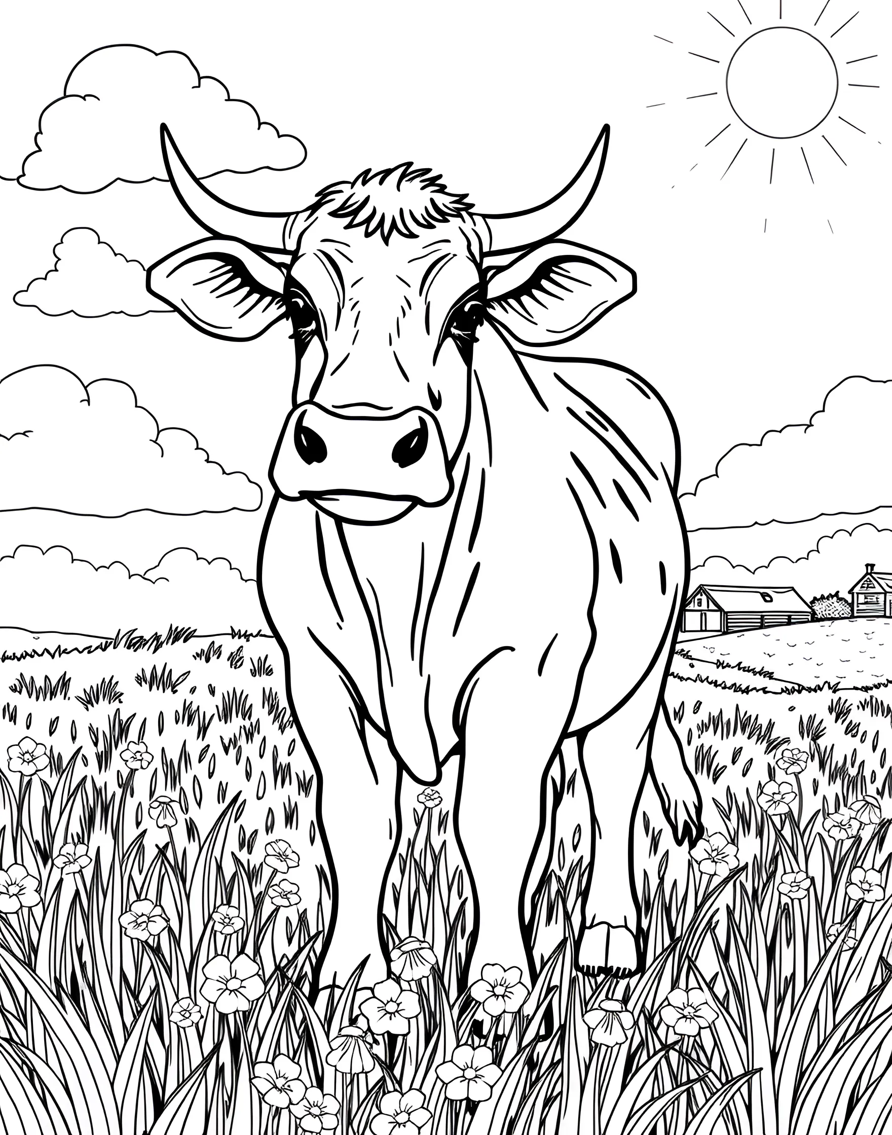 Cow in a Flower Field Coloring Page -- prompt: "A cow standing in a field full of colorful wildflowers on a sunny day." -- Experience the beauty of nature with this serene cow in a flower field coloring page. The scene shows a content cow surrounded by a variety of blooming wildflowers. This page offers a great opportunity to experiment with a wide range of colors and patterns.