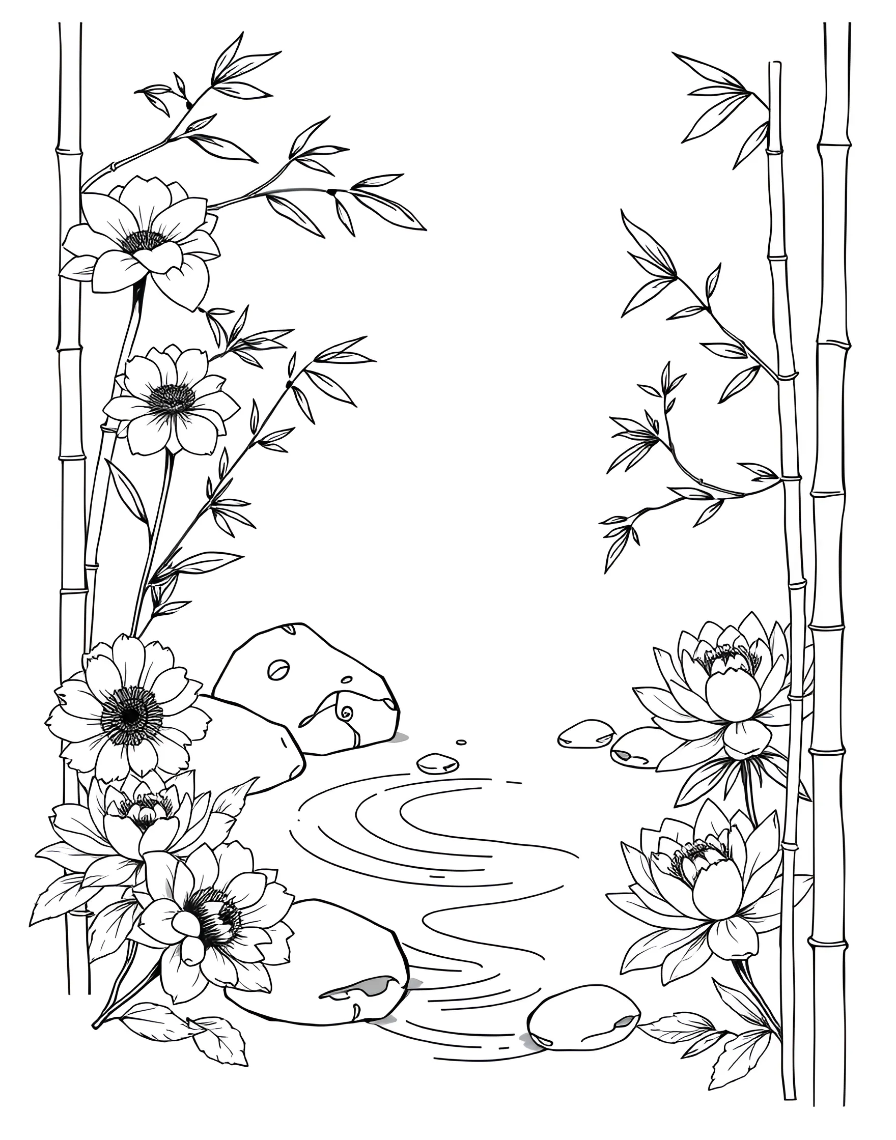 Peaceful Zen Flower Garden Coloring Page -- prompt: "A minimalist garden scene with stylized flowers, rocks, and raked sand patterns in a zen style." -- Find your inner calm with this peaceful zen flower garden coloring page. Simple, stylized flowers blend with zen garden elements for a meditative experience. This page is perfect for those seeking a relaxing, mindful coloring session with a touch of floral beauty.