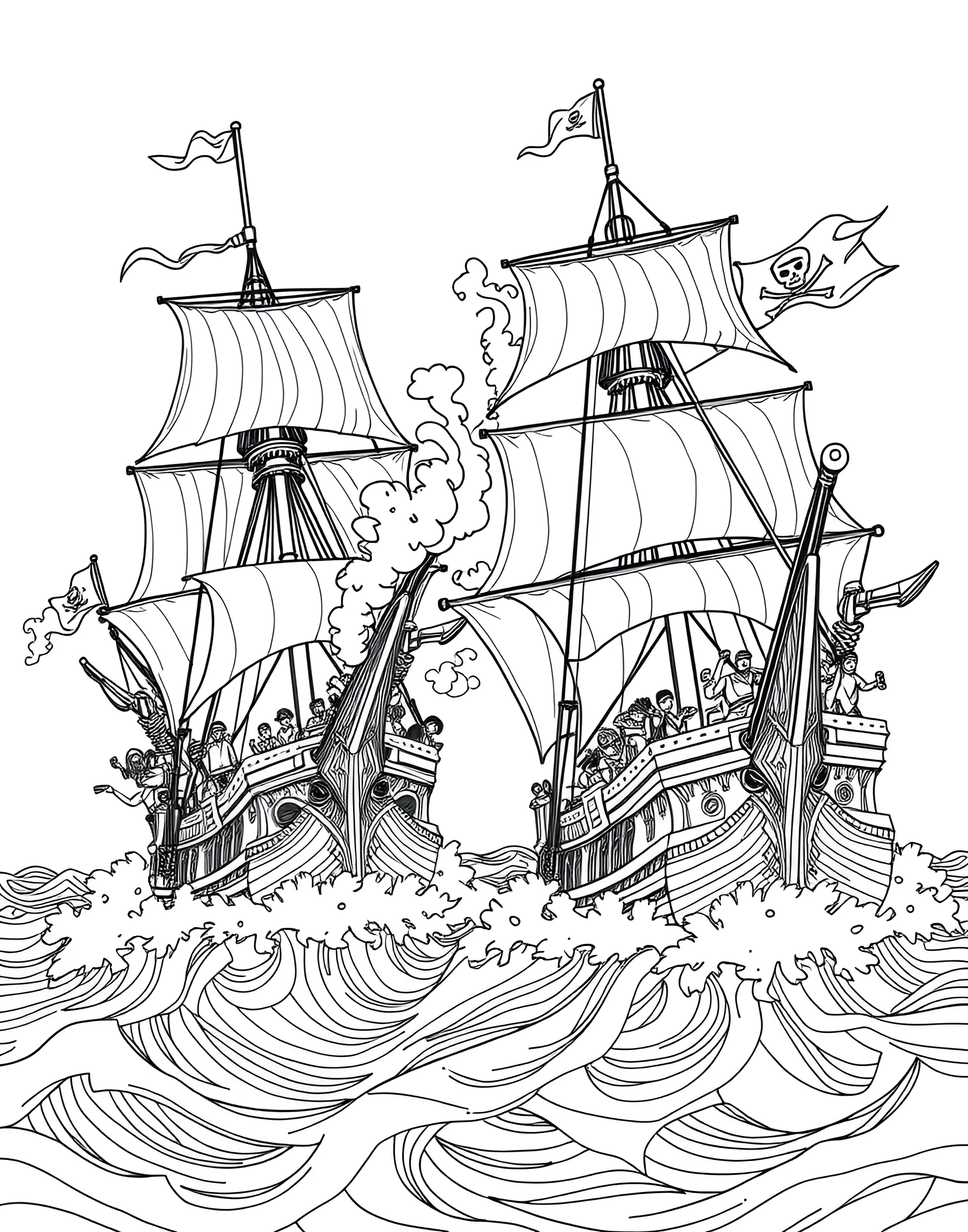 Pirate Ship Battle Coloring Page -- prompt: "Two pirate ships locked in battle on stormy seas, cannons firing and crews fighting." -- Set sail for adventure with this pirate ship battle coloring page. Two mighty pirate ships engage in a fierce cannon battle on the high seas, their crews ready for action. Boys can imagine themselves as daring pirates as they bring this swashbuckling scene to life with color.