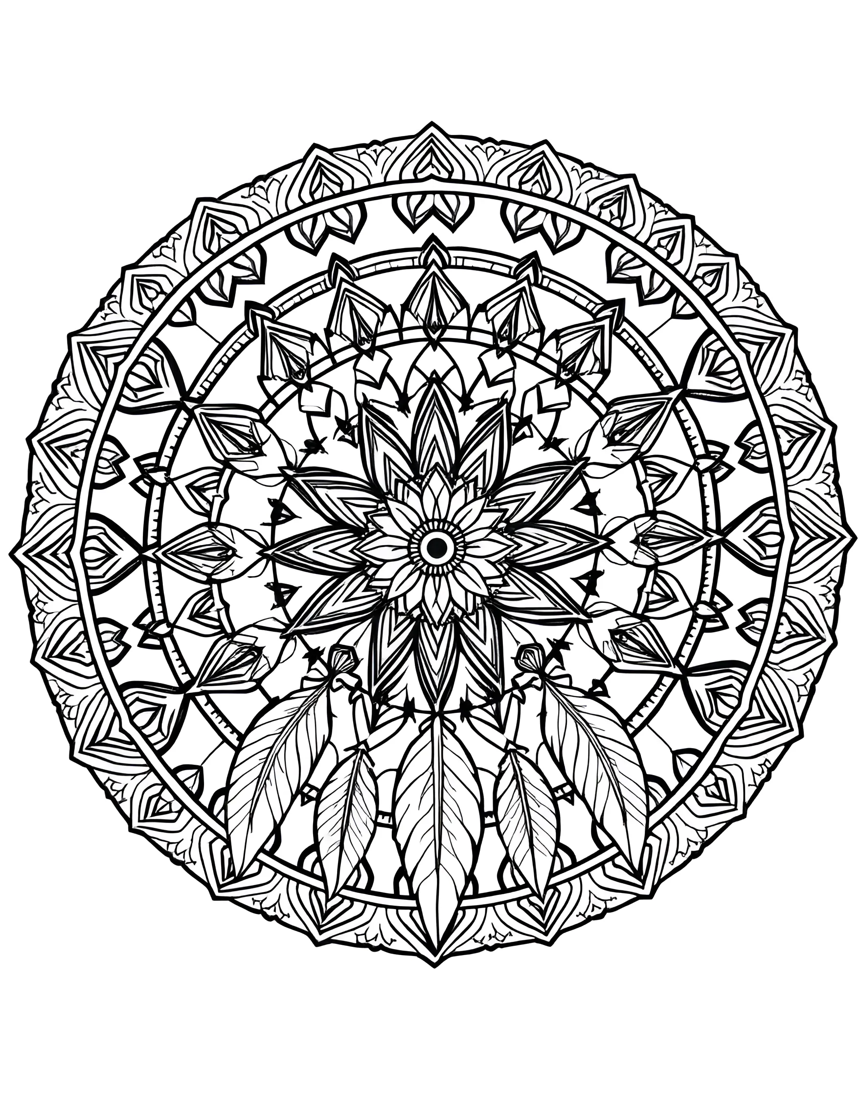 Geometric Dreamcatcher Mandala Coloring Page -- prompt: "A mandala that incorporates dreamcatcher elements, with geometric patterns forming the outer rings and feathers hanging from the inner circles." -- This unique mandala combines the traditional circular design with elements of a dreamcatcher. Geometric shapes form the outer rings, while feathers and beads dangle from the inner circles. It's a beautiful fusion of cultures that offers a captivating coloring experience.