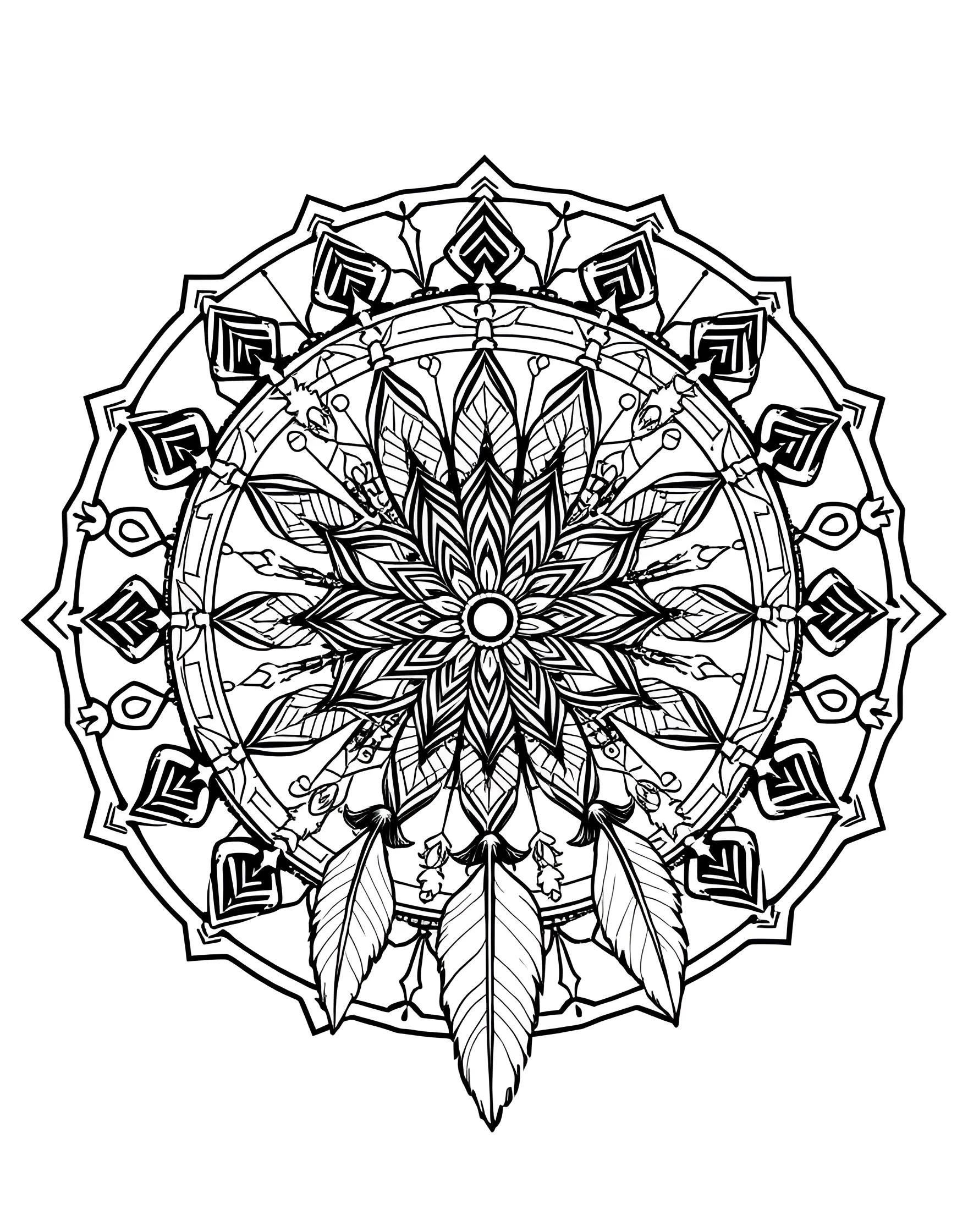 Geometric Dreamcatcher Mandala Coloring Page -- prompt: "A mandala that incorporates dreamcatcher elements, with geometric patterns forming the outer rings and feathers hanging from the inner circles." -- This unique mandala combines the traditional circular design with elements of a dreamcatcher. Geometric shapes form the outer rings, while feathers and beads dangle from the inner circles. It's a beautiful fusion of cultures that offers a captivating coloring experience.