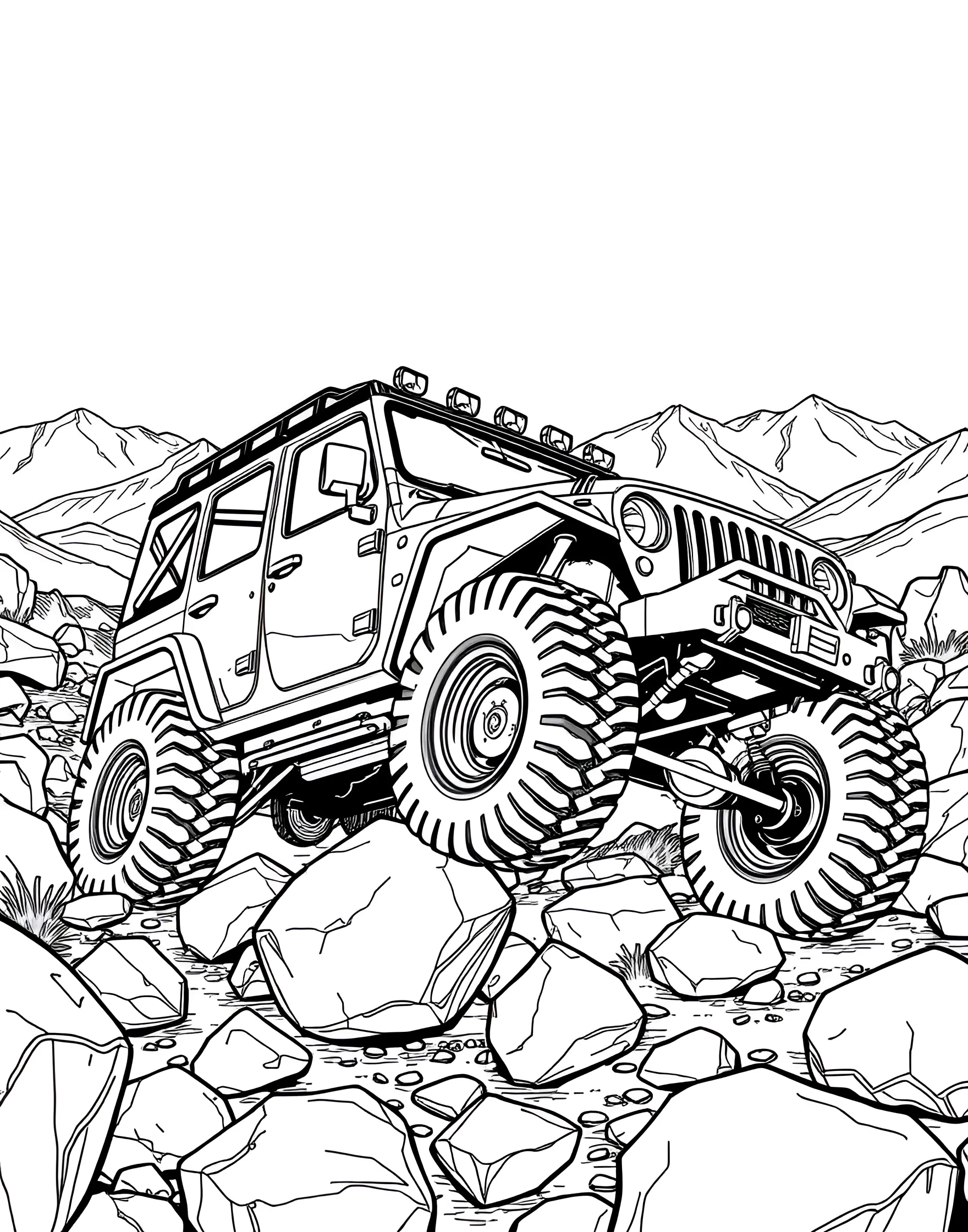 Off-Road 4x4 Conquering Rocky Terrain Coloring Page -- prompt: "A 4x4 off-road vehicle climbing over rocks and boulders in a rugged landscape." -- Adventure awaits in this thrilling coloring page featuring a rugged off-road vehicle. The 4x4 is shown climbing over rocky terrain, showcasing its powerful capabilities in a challenging natural setting. With details like large tires and a sturdy frame, this page is perfect for young off-road enthusiasts.