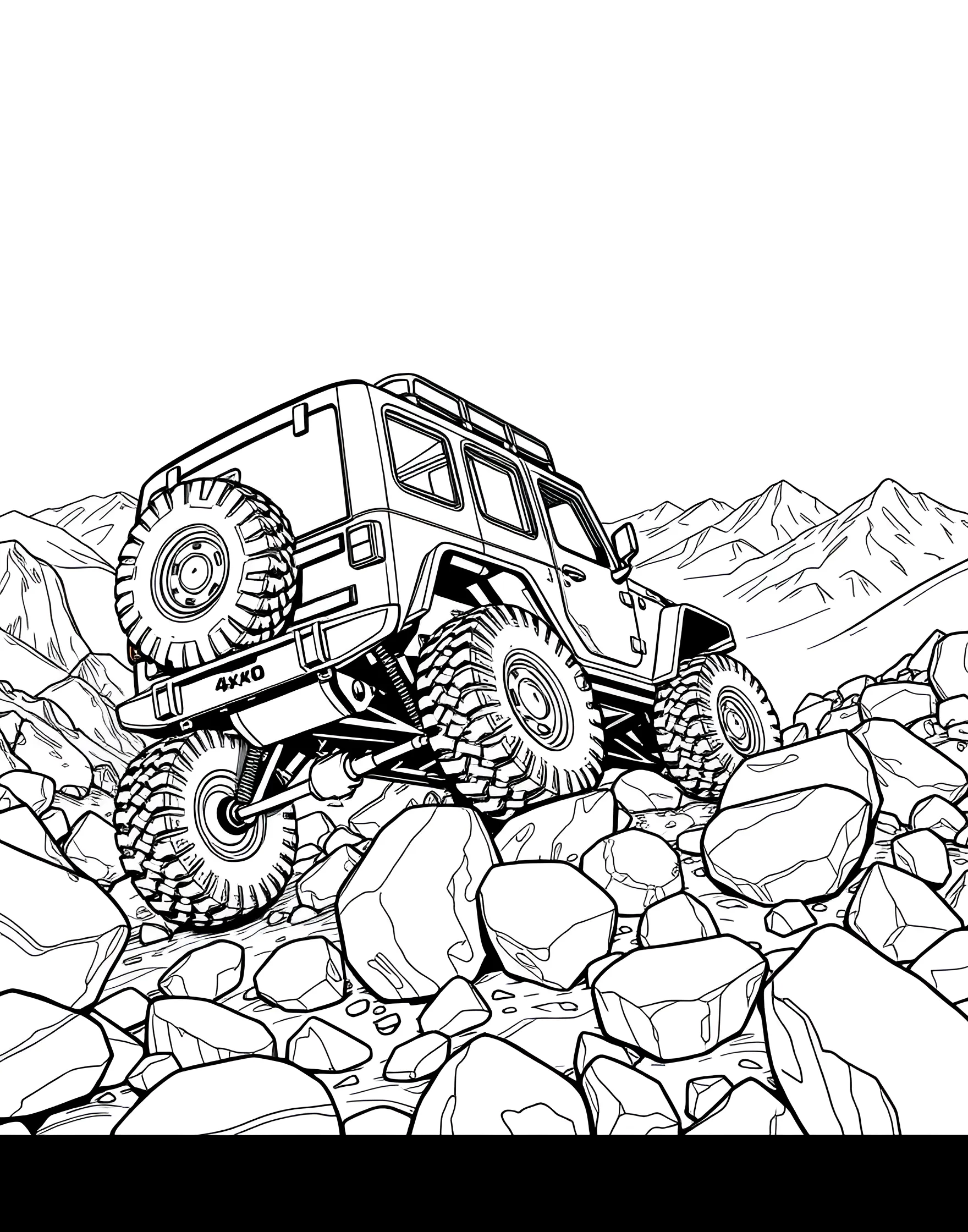 Off-Road 4x4 Conquering Rocky Terrain Coloring Page -- prompt: "A 4x4 off-road vehicle climbing over rocks and boulders in a rugged landscape." -- Adventure awaits in this thrilling coloring page featuring a rugged off-road vehicle. The 4x4 is shown climbing over rocky terrain, showcasing its powerful capabilities in a challenging natural setting. With details like large tires and a sturdy frame, this page is perfect for young off-road enthusiasts.