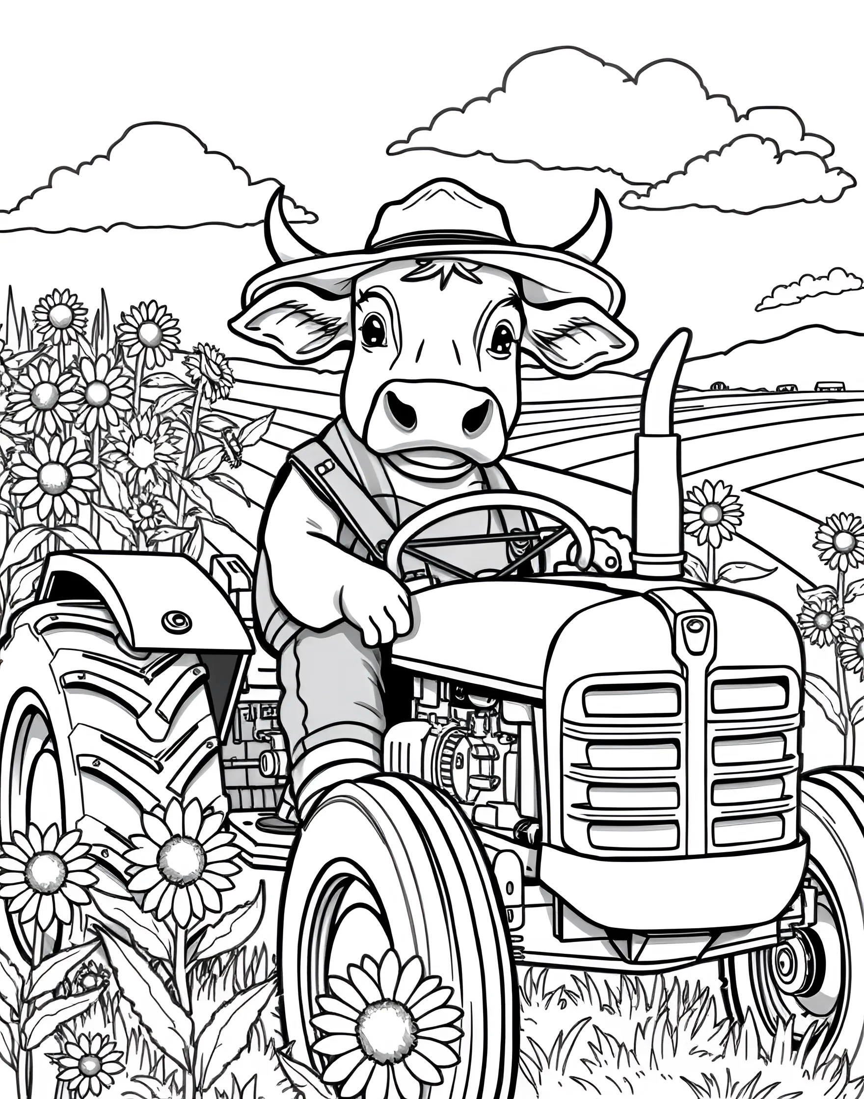 Cow Farmer Driving a Tractor Coloring Page -- prompt: "A cow wearing farmer's clothes driving a tractor in a field of crops." -- Experience life on the farm with this classic cow farmer coloring page. The cow is shown driving a tractor through a field, wearing overalls and a straw hat. This page offers a fun way to explore agricultural themes and farm machinery.