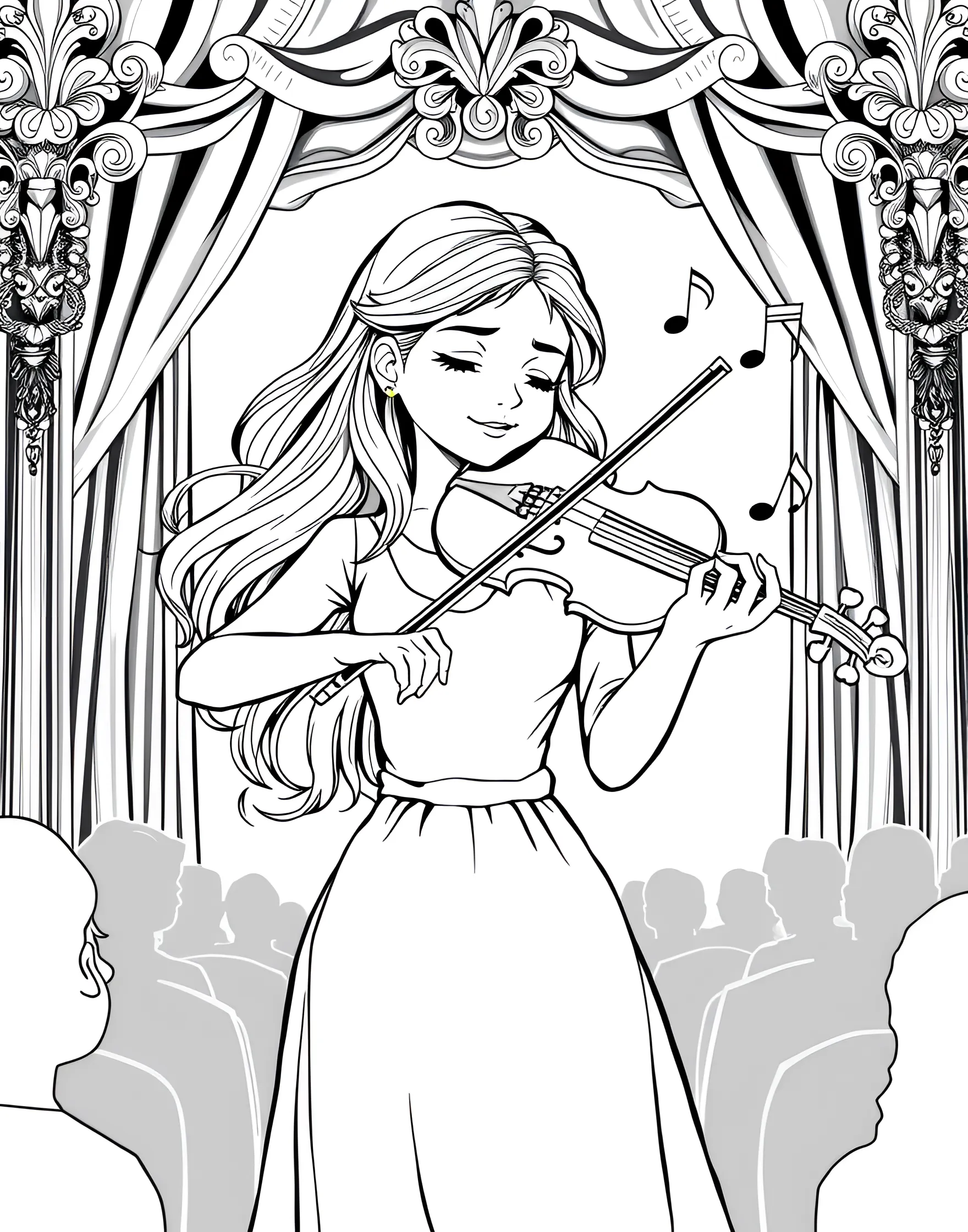 Girl Violinist Performing a Solo Coloring Page -- prompt: "A girl playing a violin on a concert stage, eyes closed in concentration." -- Feel the music with this elegant coloring page of a girl violinist. She's shown on stage, eyes closed in concentration as she plays her violin. This page celebrates musical talent and the beauty of classical performance.