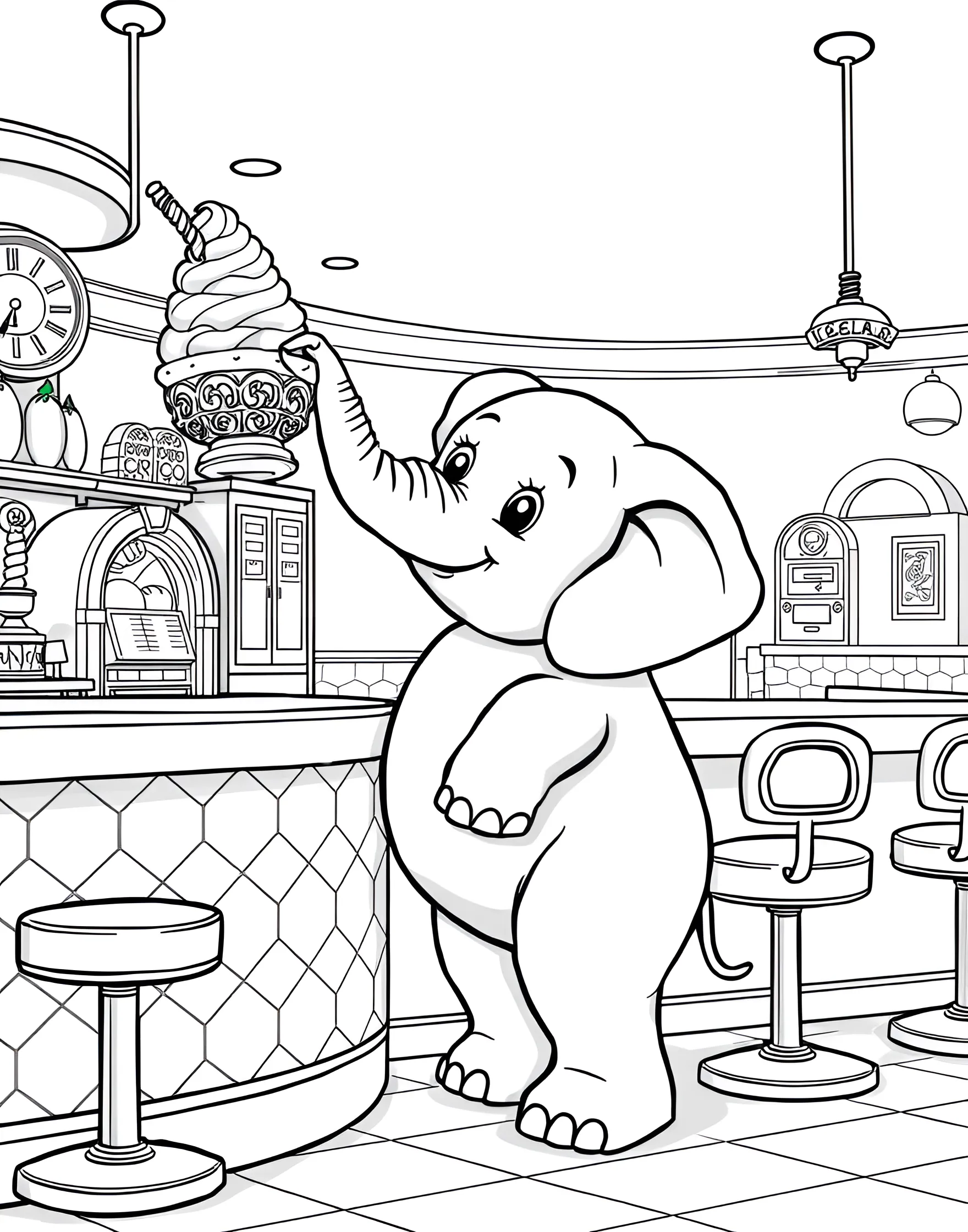 Elephant's Ice Cream Parlor Visit Coloring Page -- prompt: "An elephant at an ice cream parlor counter, balancing a large ice cream sundae on its trunk." -- Sweet treats abound in this charming coloring page set in an old-fashioned ice cream parlor. An elephant sits at the counter, expertly balancing a towering ice cream sundae on its trunk. The whimsical scene is full of delicious details to color and enjoy.