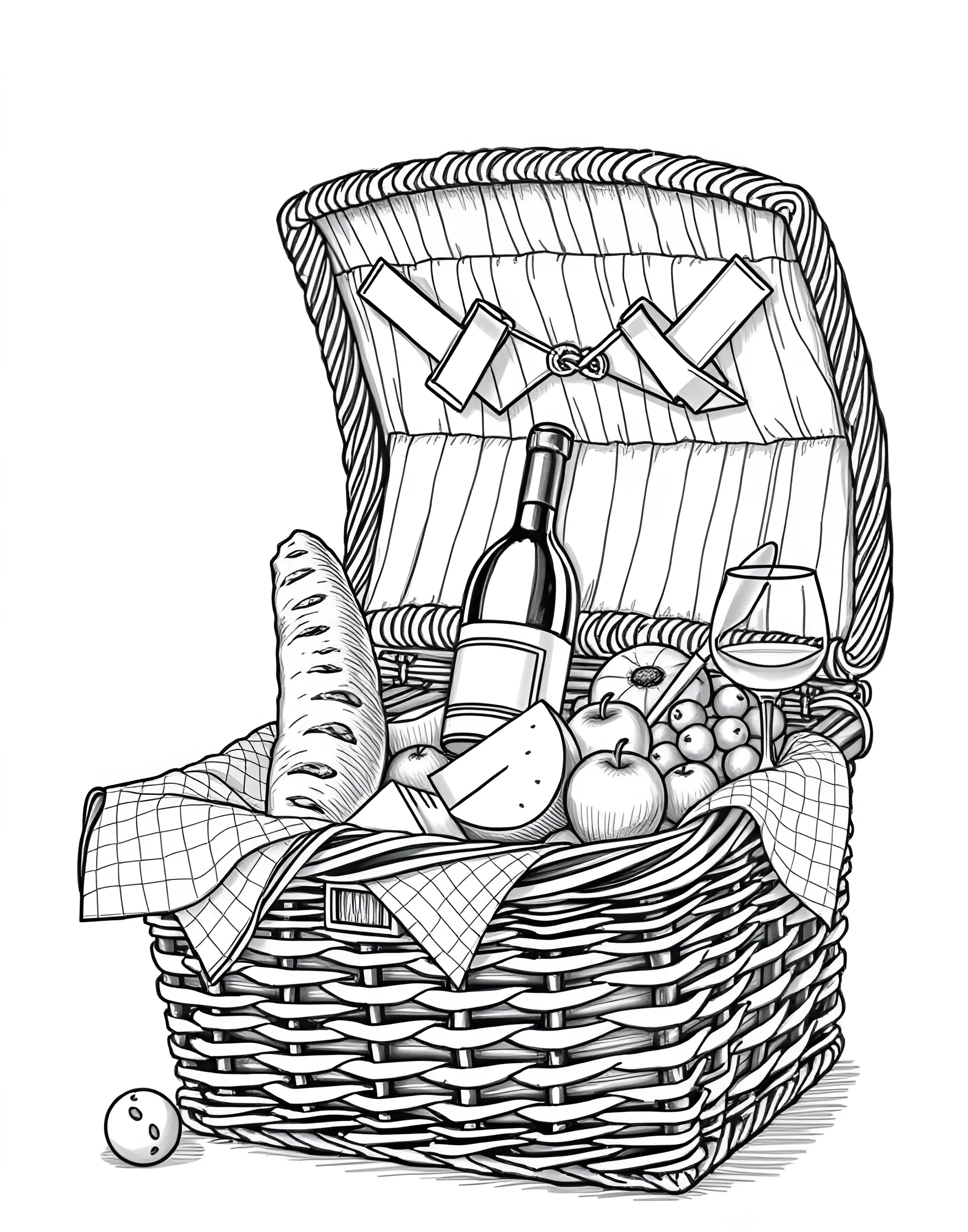 Picnic Basket Surprise Coloring Page -- prompt: "An open picnic basket filled with various foods, drinks, and picnic essentials." -- Unpack a feast with this picnic basket coloring page. An open basket reveals an array of delicious picnic foods and drinks. It's a great way to explore outdoor dining themes and practice coloring different textures.