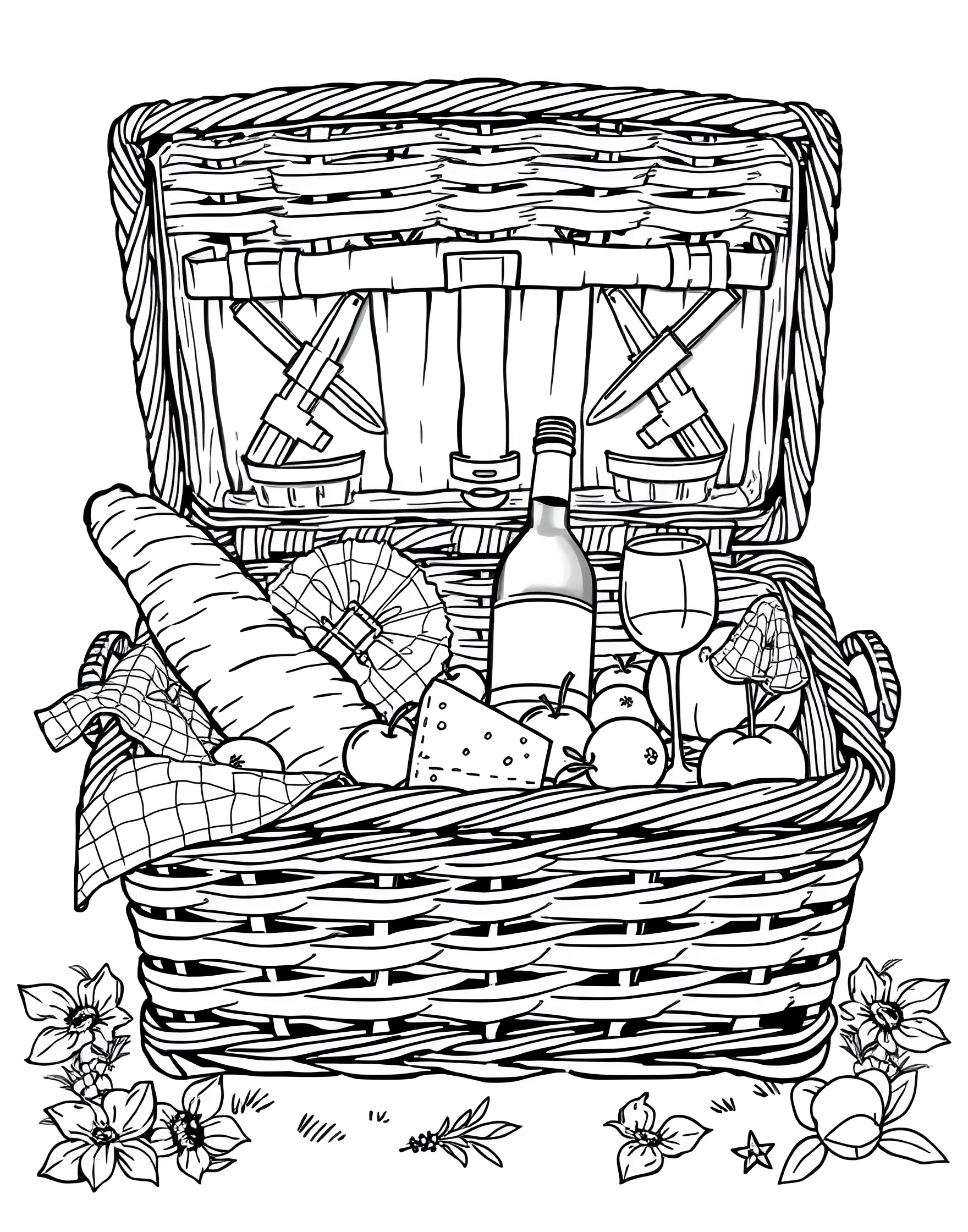 Picnic Basket Surprise Coloring Page -- prompt: "An open picnic basket filled with various foods, drinks, and picnic essentials." -- Unpack a feast with this picnic basket coloring page. An open basket reveals an array of delicious picnic foods and drinks. It's a great way to explore outdoor dining themes and practice coloring different textures.