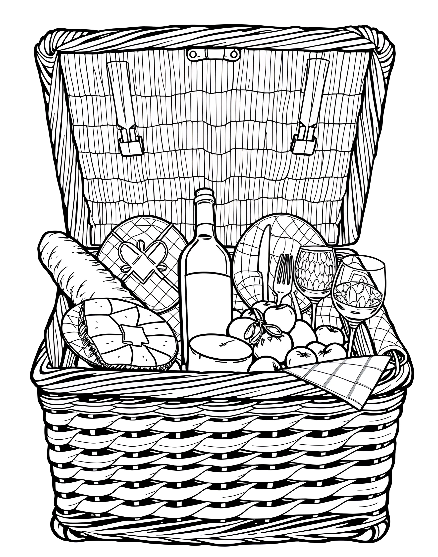 Picnic Basket Surprise Coloring Page -- prompt: "An open picnic basket filled with various foods, drinks, and picnic essentials." -- Unpack a feast with this picnic basket coloring page. An open basket reveals an array of delicious picnic foods and drinks. It's a great way to explore outdoor dining themes and practice coloring different textures.