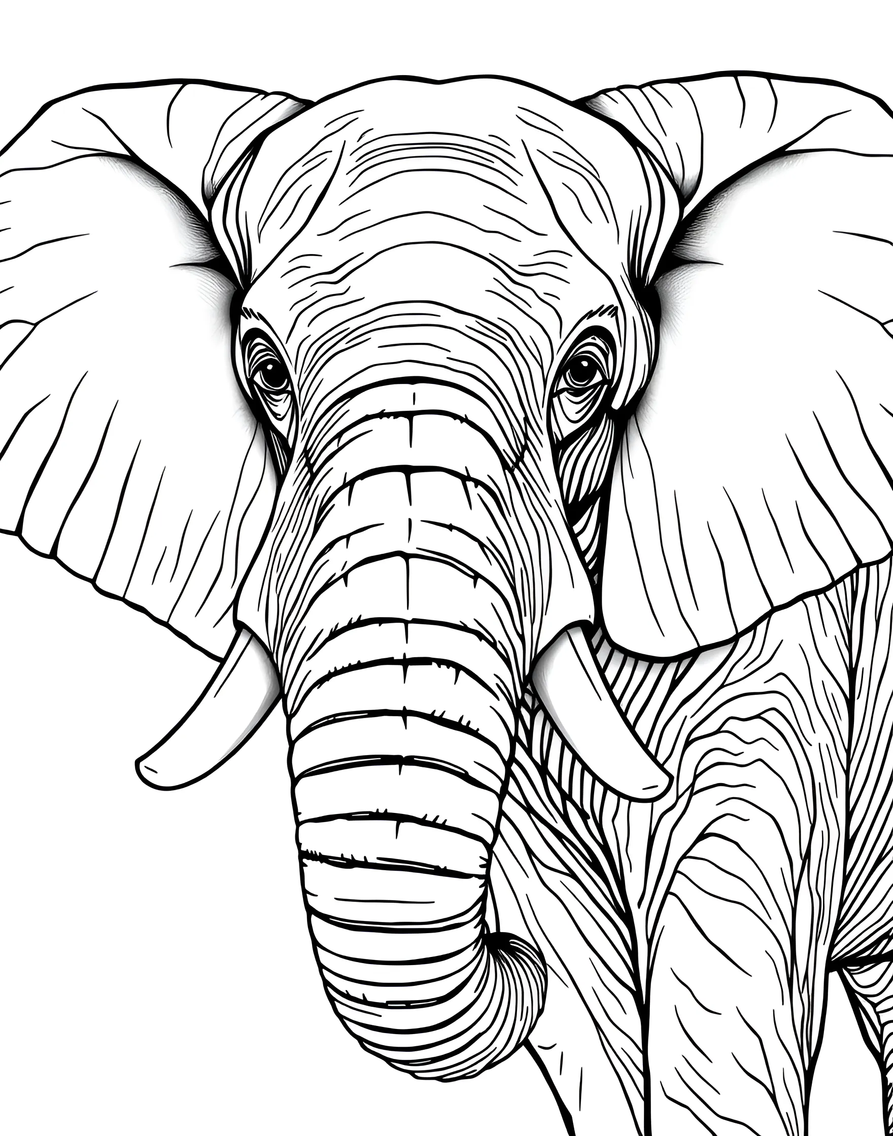 Majestic Tusker Portrait Coloring Page -- prompt: "A close-up portrait of a mature bull elephant with large tusks, emphasizing wrinkles and eyes." -- This striking portrait showcases a mature bull elephant with impressive tusks. The intricate details of its wrinkled skin and soulful eyes offer a chance to practice shading and texture. This page is perfect for those who appreciate the dignity and wisdom of these ancient creatures.