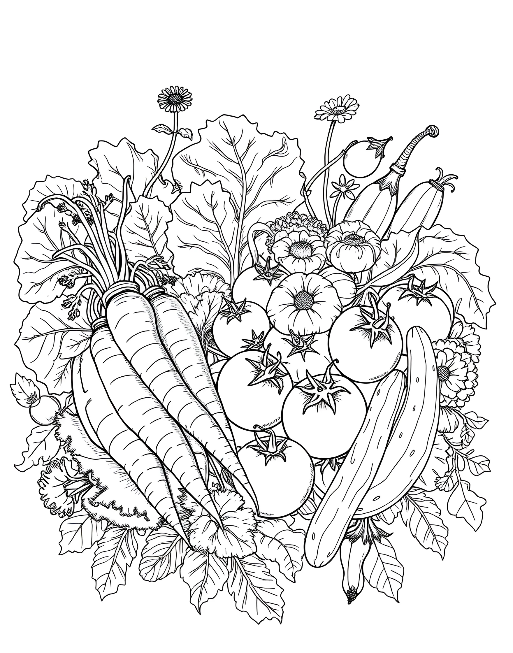 Colorful Vegetable Medley Coloring Page -- prompt: "An artistic arrangement of various vegetables, showcasing their shapes and colors." -- Celebrate the beauty of vegetables with this vibrant coloring page. A variety of vegetables are artfully arranged, showcasing their unique shapes and textures. It's an excellent opportunity to use a wide range of colors and learn about different vegetables.