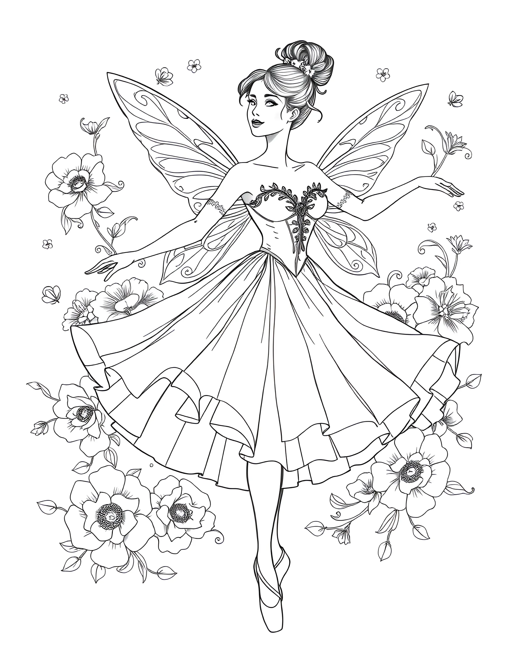 Romantic Era Ballet Scene Coloring Page -- prompt: "A ballerina in a long romantic tutu posing amid floating flowers and gossamer wings, evoking a dreamy, Romantic era ballet scene." -- Step back in time with this coloring page inspired by Romantic era ballet. It features a ballerina in a long, flowing romantic tutu, surrounded by ethereal elements like gossamer wings and floral garlands. The dreamy atmosphere is perfect for soft, pastel coloring.