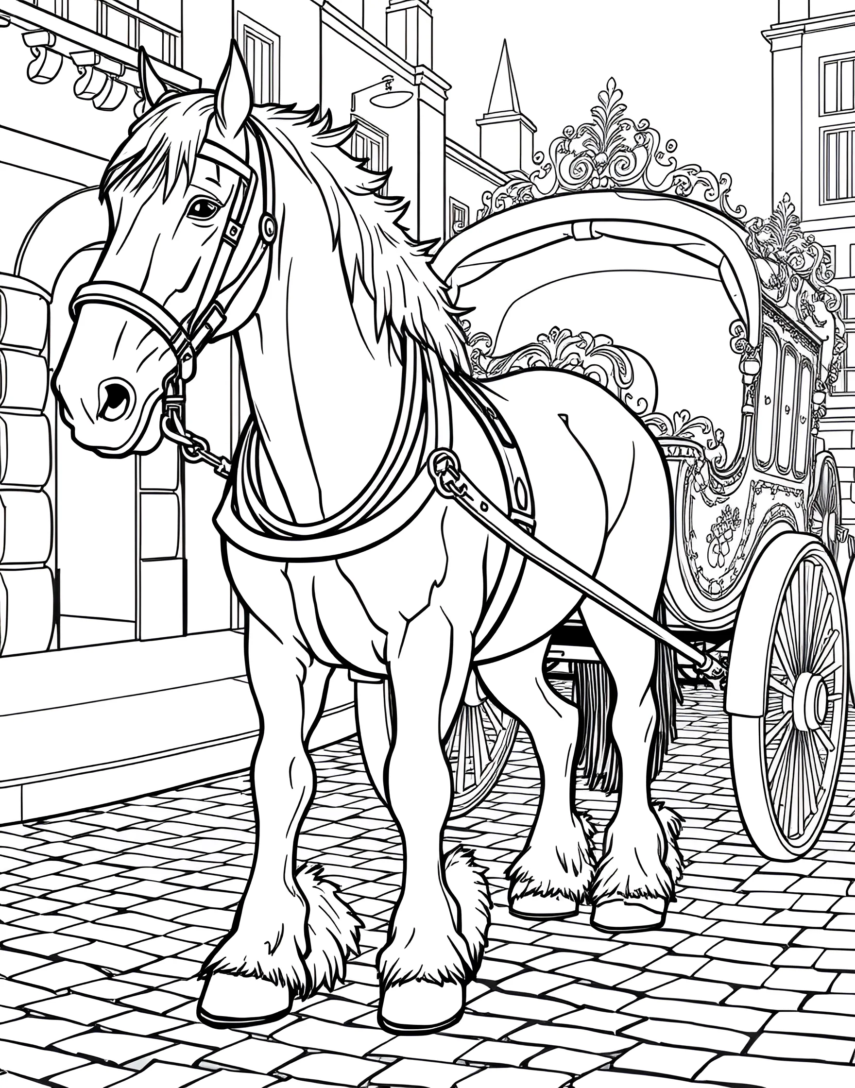 Clydesdale Horse Pulling a Wagon Coloring Page -- prompt: "A Clydesdale horse in full harness pulling a decorative wagon along a cobblestone street." -- Celebrate the power and tradition of Clydesdale horses with this charming coloring page. The mighty Clydesdale is shown in full regalia, pulling a decorative wagon. The horse's feathered legs and braided mane are prominently featured, offering intricate details for coloring enthusiasts to enjoy.