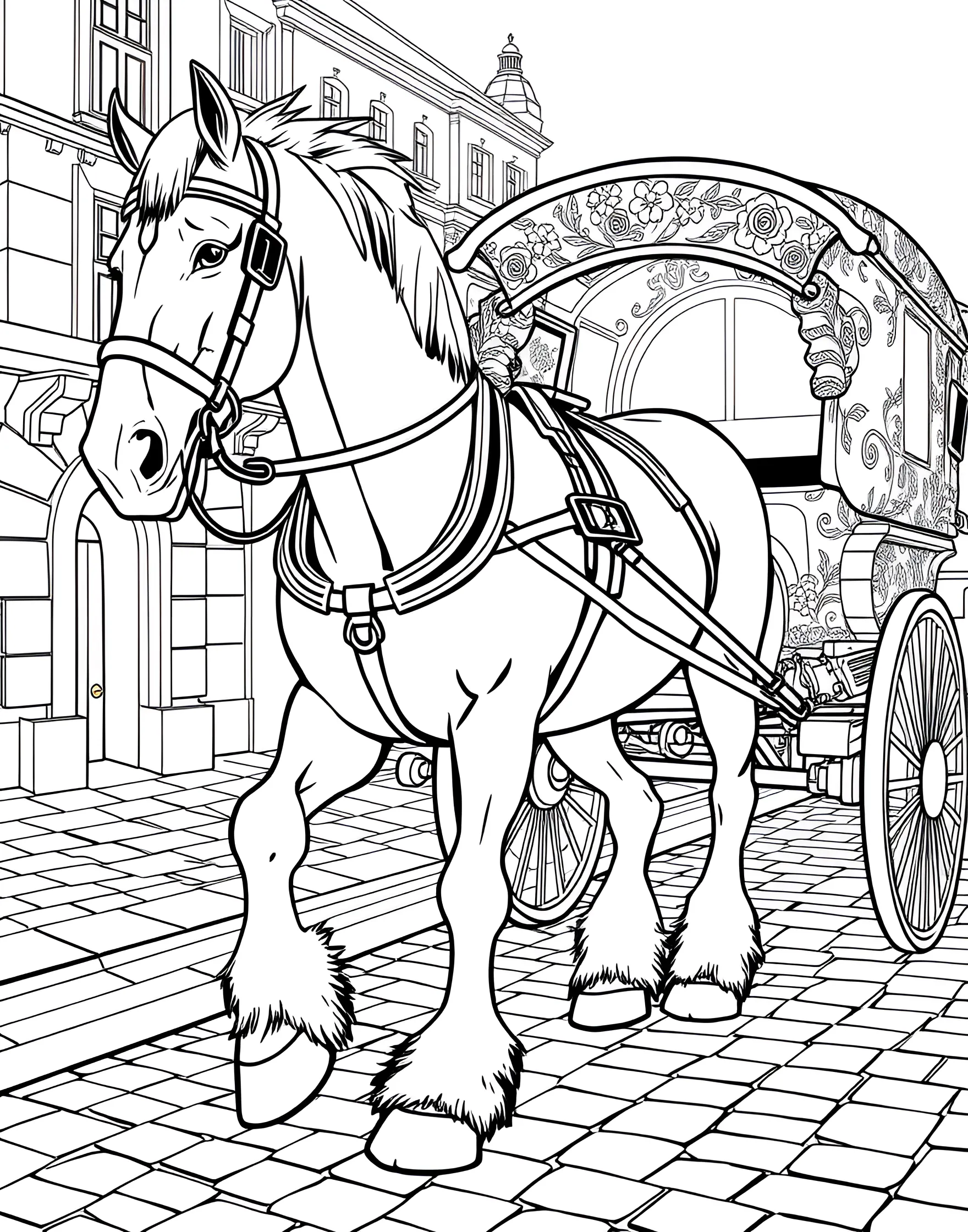 Clydesdale Horse Pulling a Wagon Coloring Page -- prompt: "A Clydesdale horse in full harness pulling a decorative wagon along a cobblestone street." -- Celebrate the power and tradition of Clydesdale horses with this charming coloring page. The mighty Clydesdale is shown in full regalia, pulling a decorative wagon. The horse's feathered legs and braided mane are prominently featured, offering intricate details for coloring enthusiasts to enjoy.