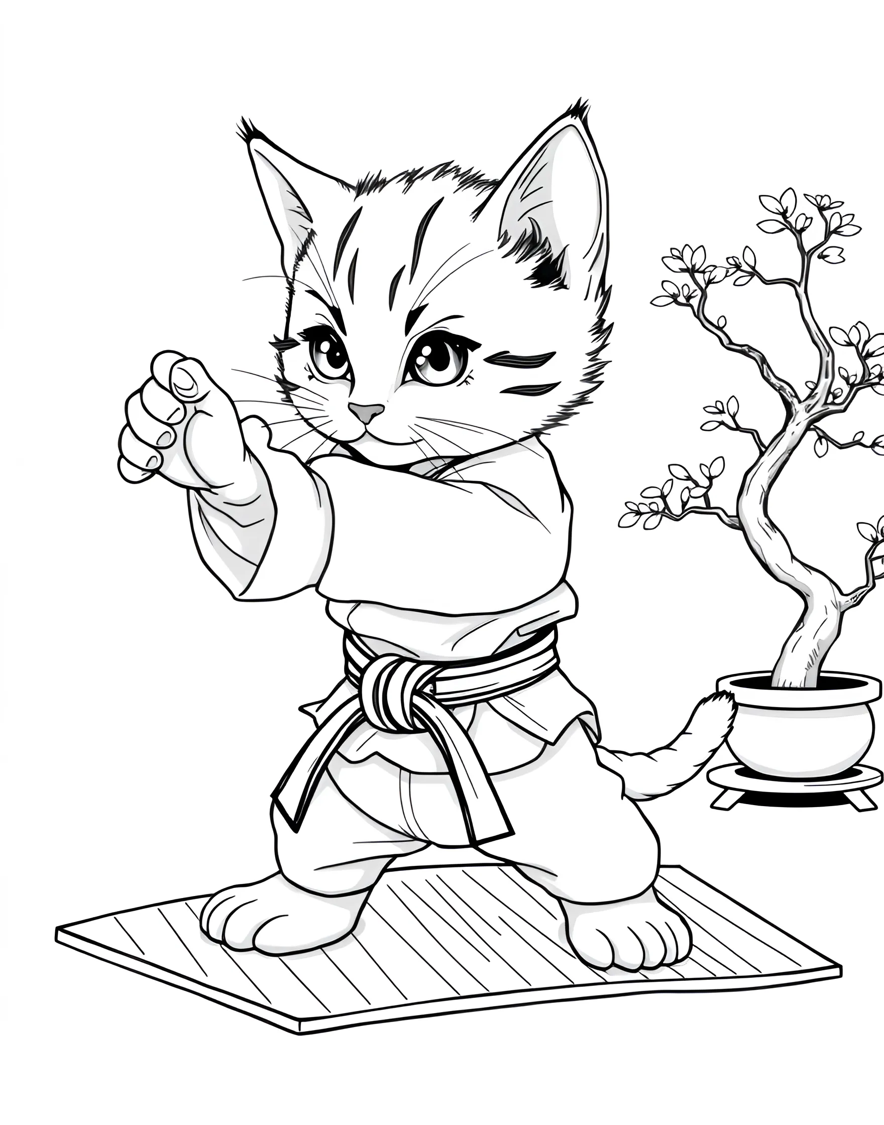 Kitten's Martial Arts Lesson Coloring Page -- prompt: "A kitten in a karate uniform, performing a martial arts move." -- Channel your inner ninja with this action-packed kitten martial arts coloring page. A focused kitten is shown practicing karate moves, wearing a white gi and colored belt. This page is great for those who appreciate discipline and physical activity.