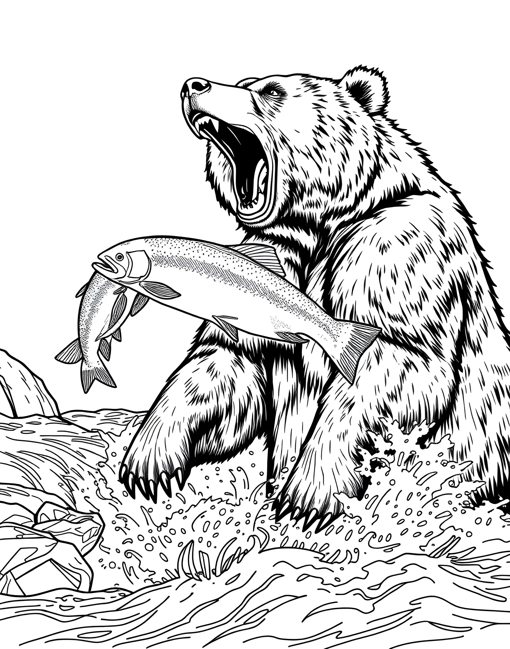 Grizzly Bear Catching Leaping Trout Coloring Page -- prompt: "A grizzly bear standing in a river, about to catch a leaping trout in its mouth." -- Witness the power and precision of a grizzly bear with this dynamic coloring page. The bear is shown standing in a river, its powerful jaws open to catch a leaping trout. This exciting scene showcases the bear's hunting skills and provides insight into their diet and ecosystem role.