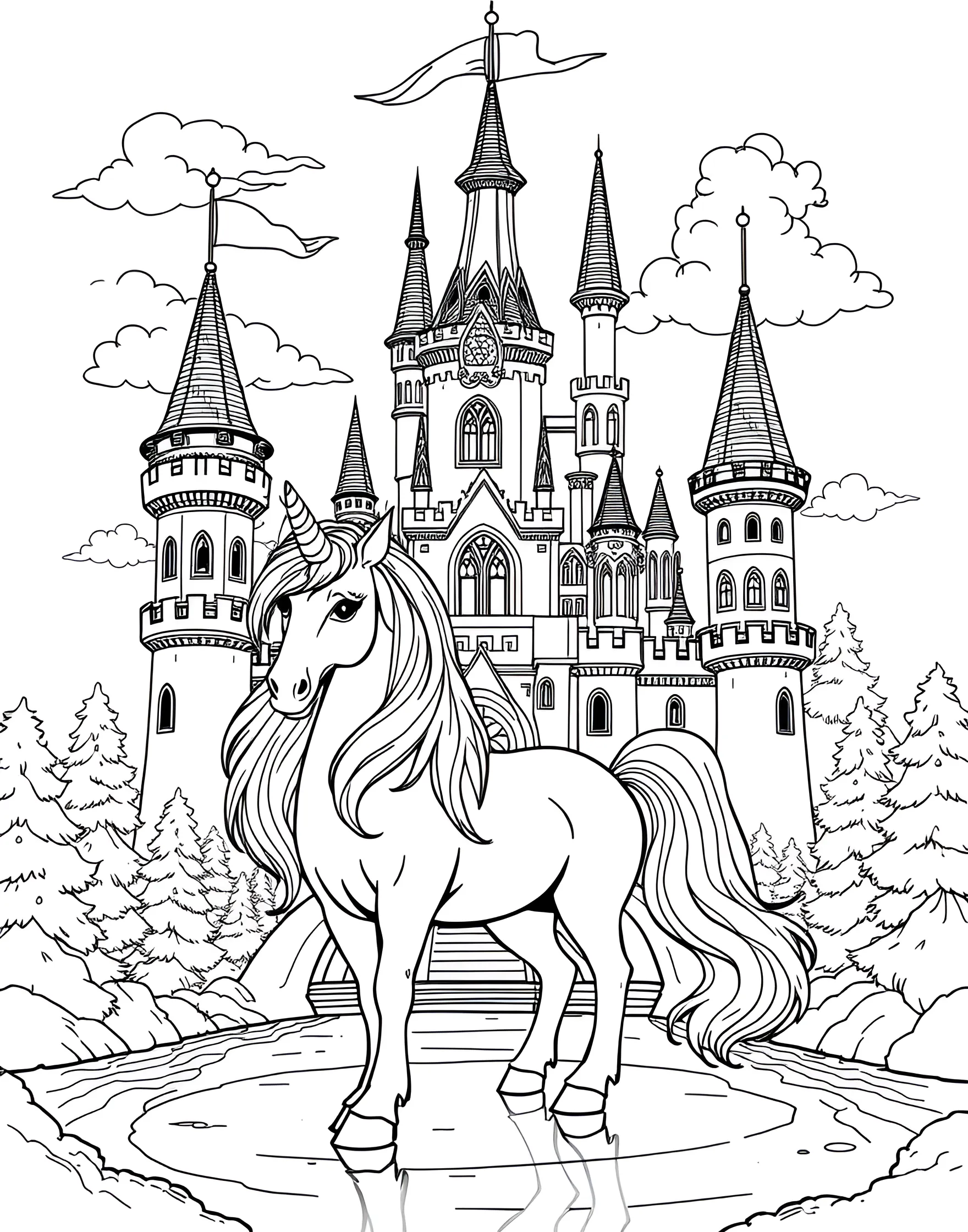 Unicorn and Castle Coloring Page -- prompt: "A unicorn standing in front of a fairy tale castle with towers and flags." -- This magical coloring page transports you to a fairytale world with a unicorn standing before a grand castle. The castle's towers and turrets provide intricate details to color, while the unicorn adds a touch of enchantment. It's a perfect blend of fantasy and architecture for coloring enthusiasts.