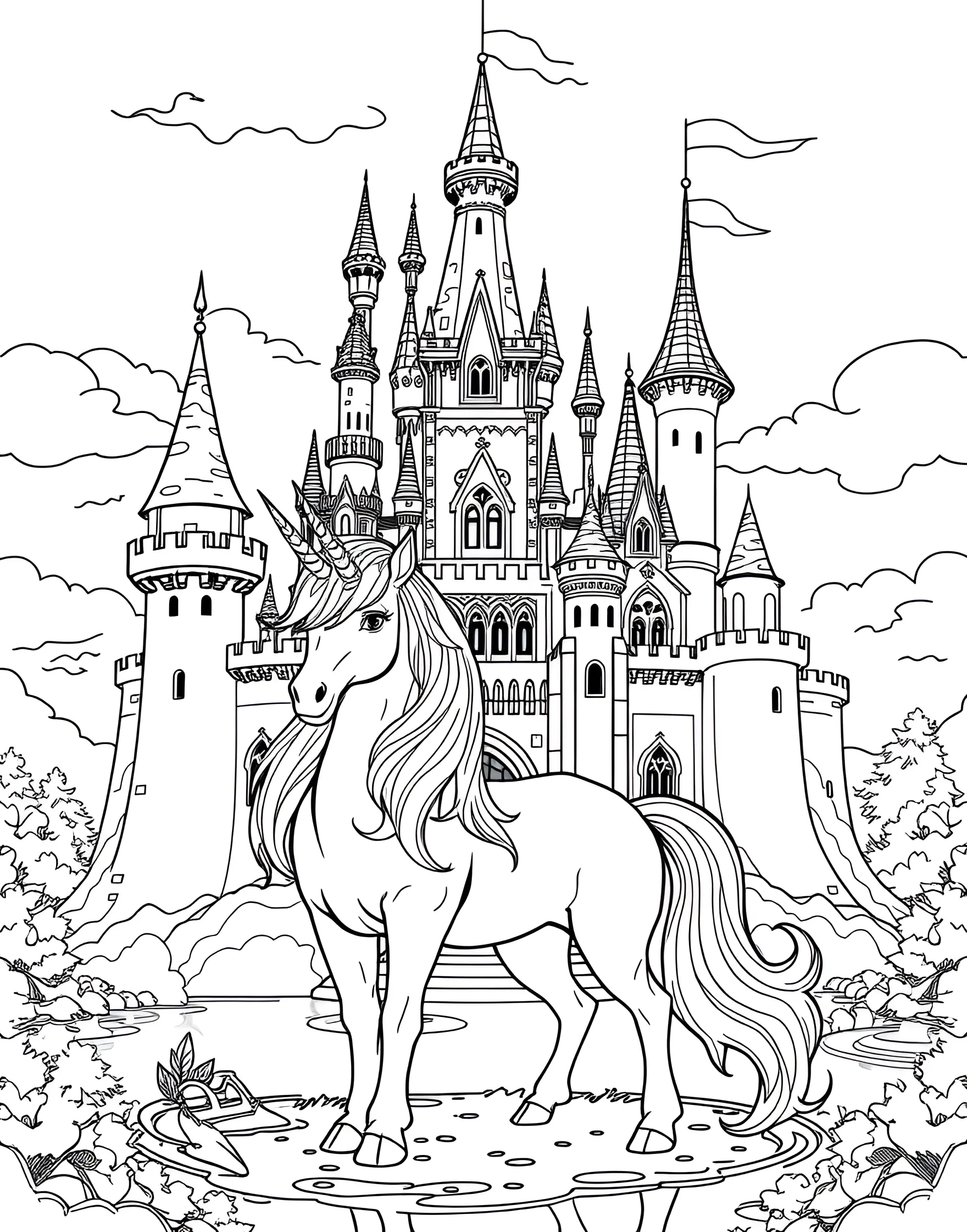 Unicorn and Castle Coloring Page -- prompt: "A unicorn standing in front of a fairy tale castle with towers and flags." -- This magical coloring page transports you to a fairytale world with a unicorn standing before a grand castle. The castle's towers and turrets provide intricate details to color, while the unicorn adds a touch of enchantment. It's a perfect blend of fantasy and architecture for coloring enthusiasts.