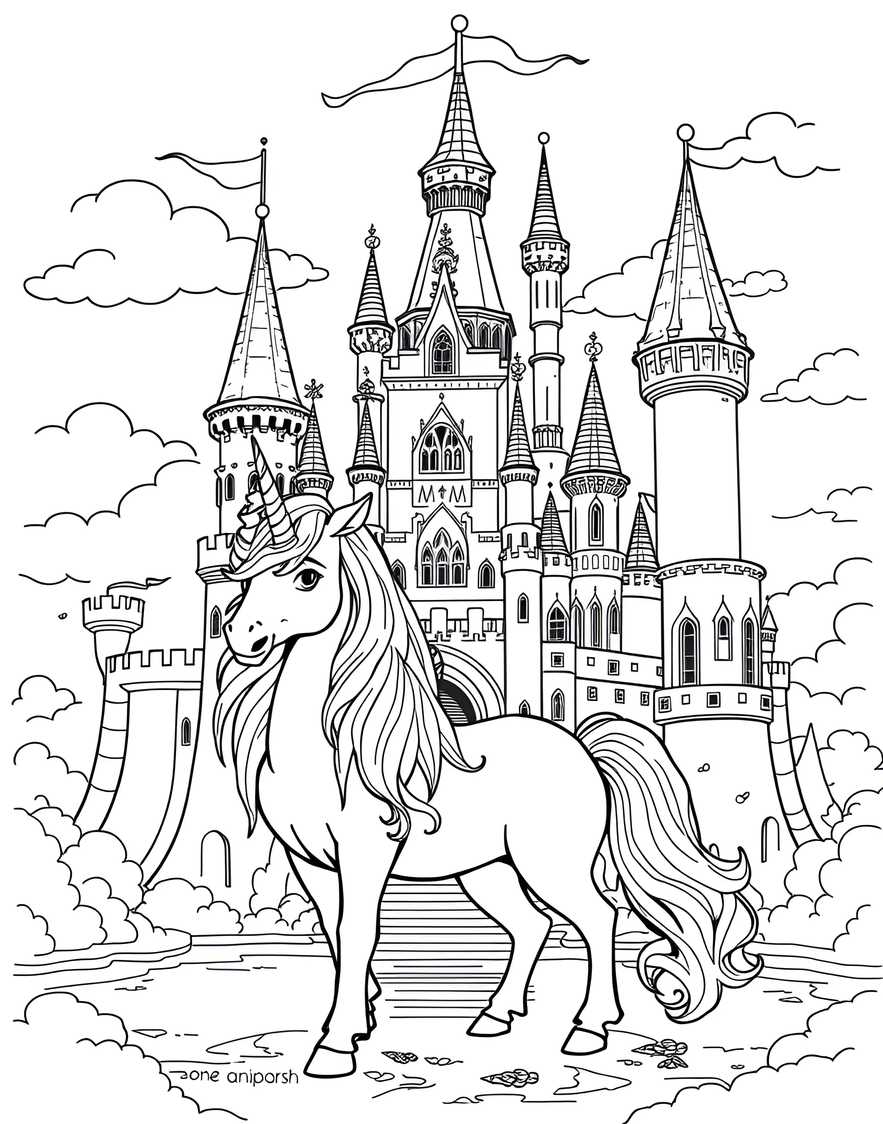 Unicorn and Castle Coloring Page -- prompt: "A unicorn standing in front of a fairy tale castle with towers and flags." -- This magical coloring page transports you to a fairytale world with a unicorn standing before a grand castle. The castle's towers and turrets provide intricate details to color, while the unicorn adds a touch of enchantment. It's a perfect blend of fantasy and architecture for coloring enthusiasts.