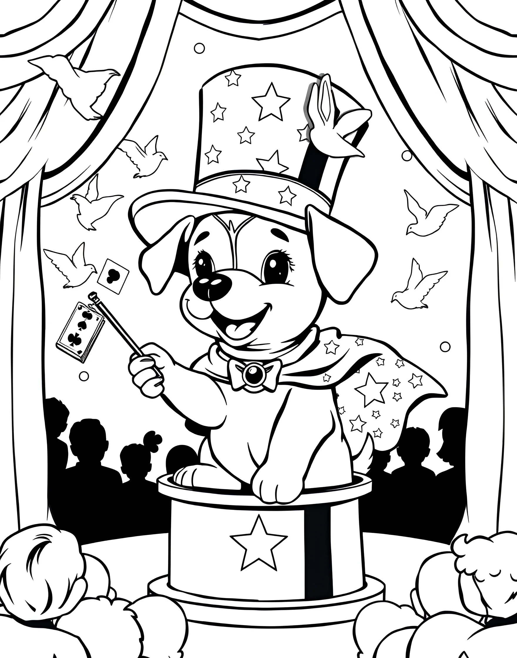 Puppy's Magic Show Coloring Page -- prompt: "A puppy wearing a magician's hat and cape, pulling a rabbit out of a hat on a stage." -- This magical coloring page depicts a puppy as a magician performing a trick. The pup is wearing a magician's hat and cape, pulling a rabbit out of a hat. It's a whimsical scene that combines the wonder of magic with the charm of a playful puppy.